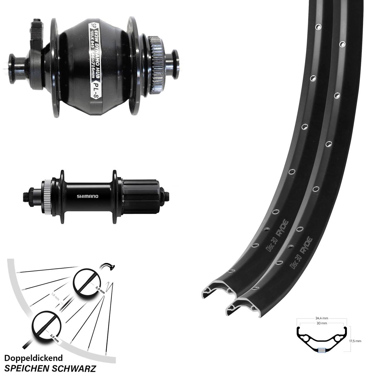 Disc Laufradsatz 27,5 Zoll Ryde Disc 30 Shimano FH-QC400 Shutter PL-8 8-11 fach HG QR