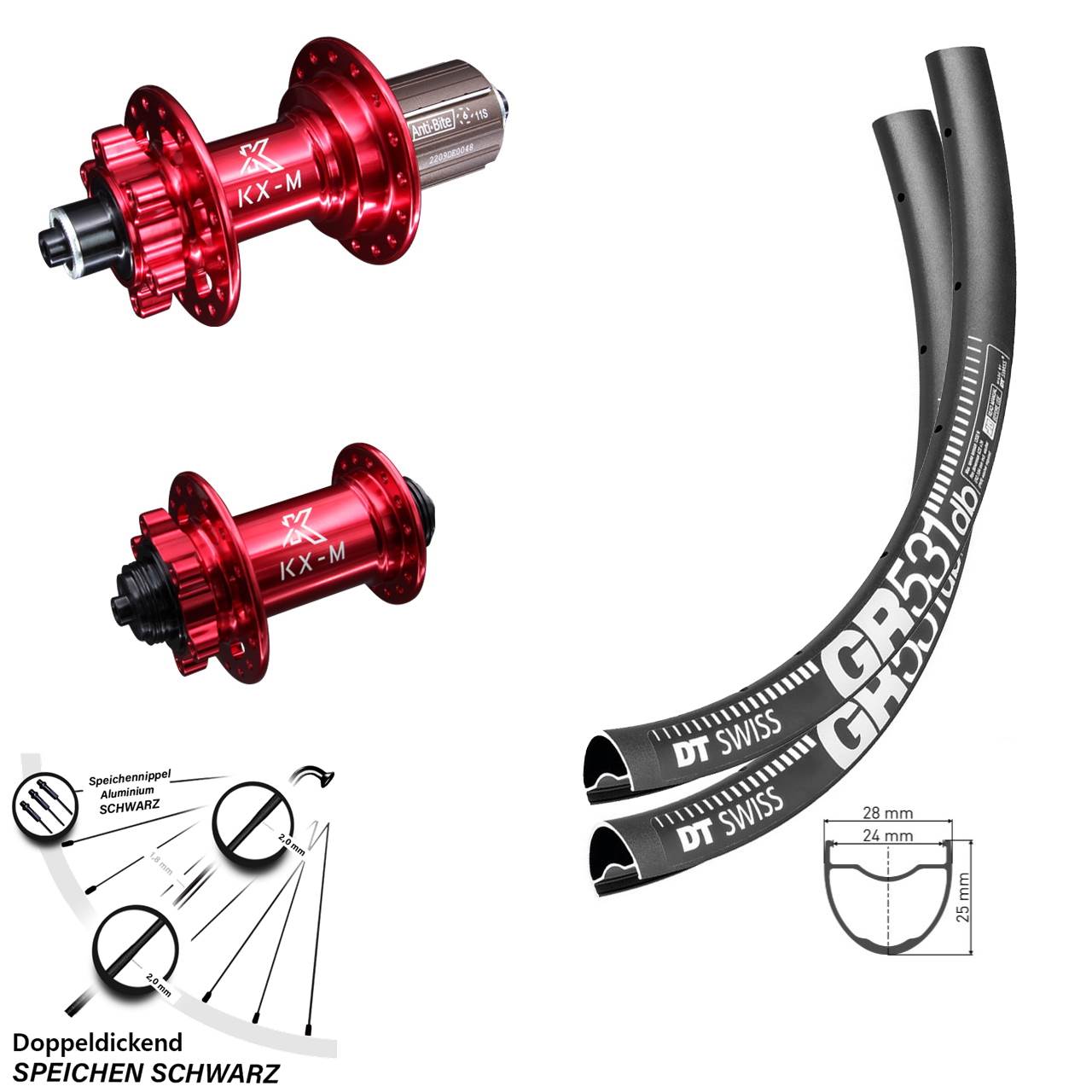 Laufradsatz 100/135 mm DT Swiss GR 531 KX-M rot eloxiert 8-12 fach