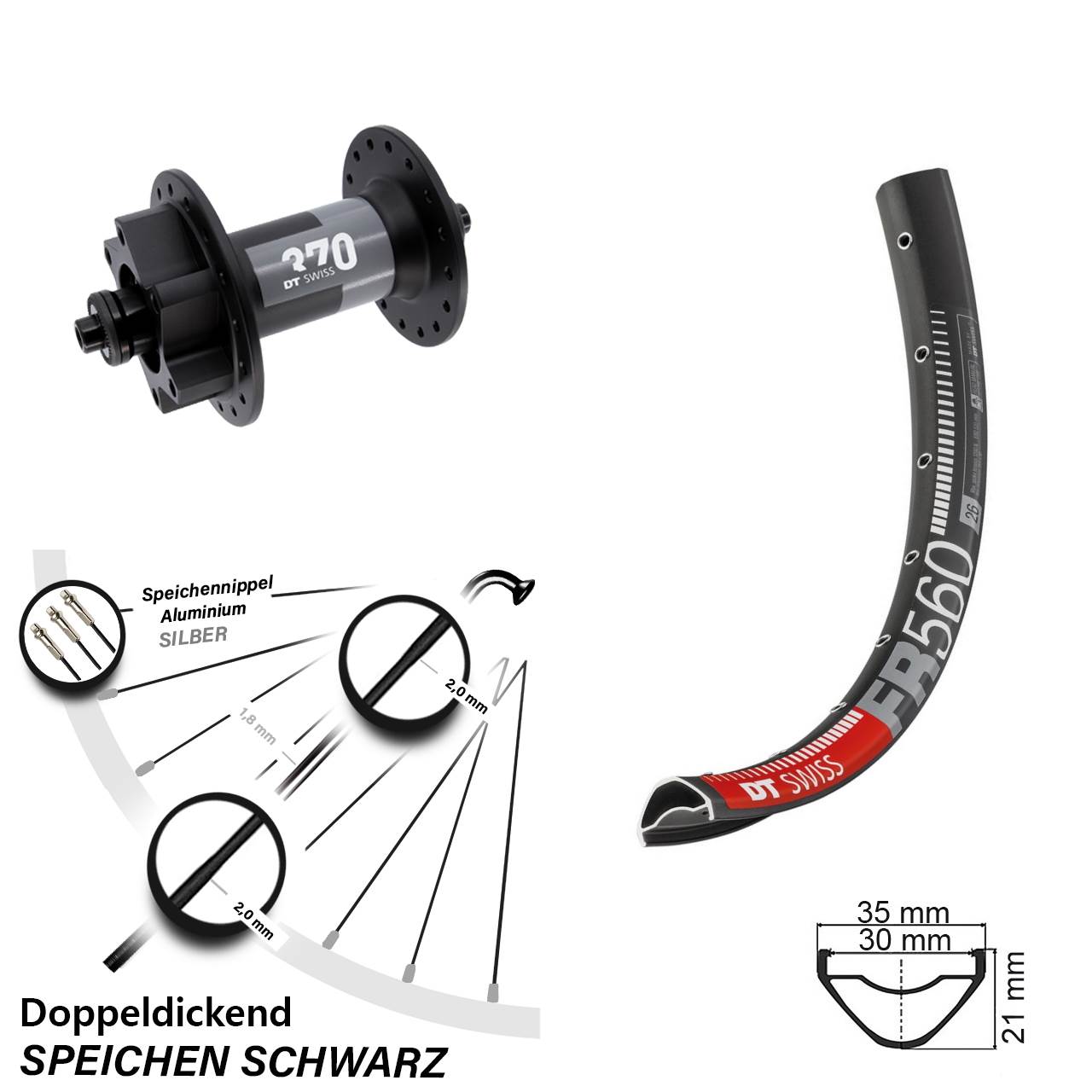 26 Zoll DT Swiss FR 560-370 Disc Vorderrad für Schnellspanner
