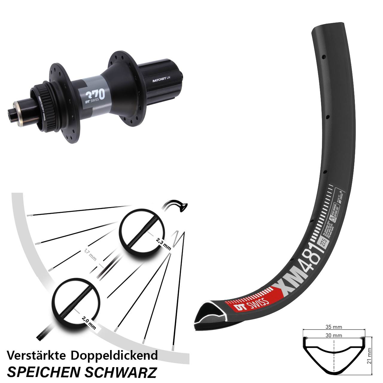 27,5 Zoll DT Swiss XM 481-370 Disc Hinterrad für Schnellspanner 8-12 fach HG
