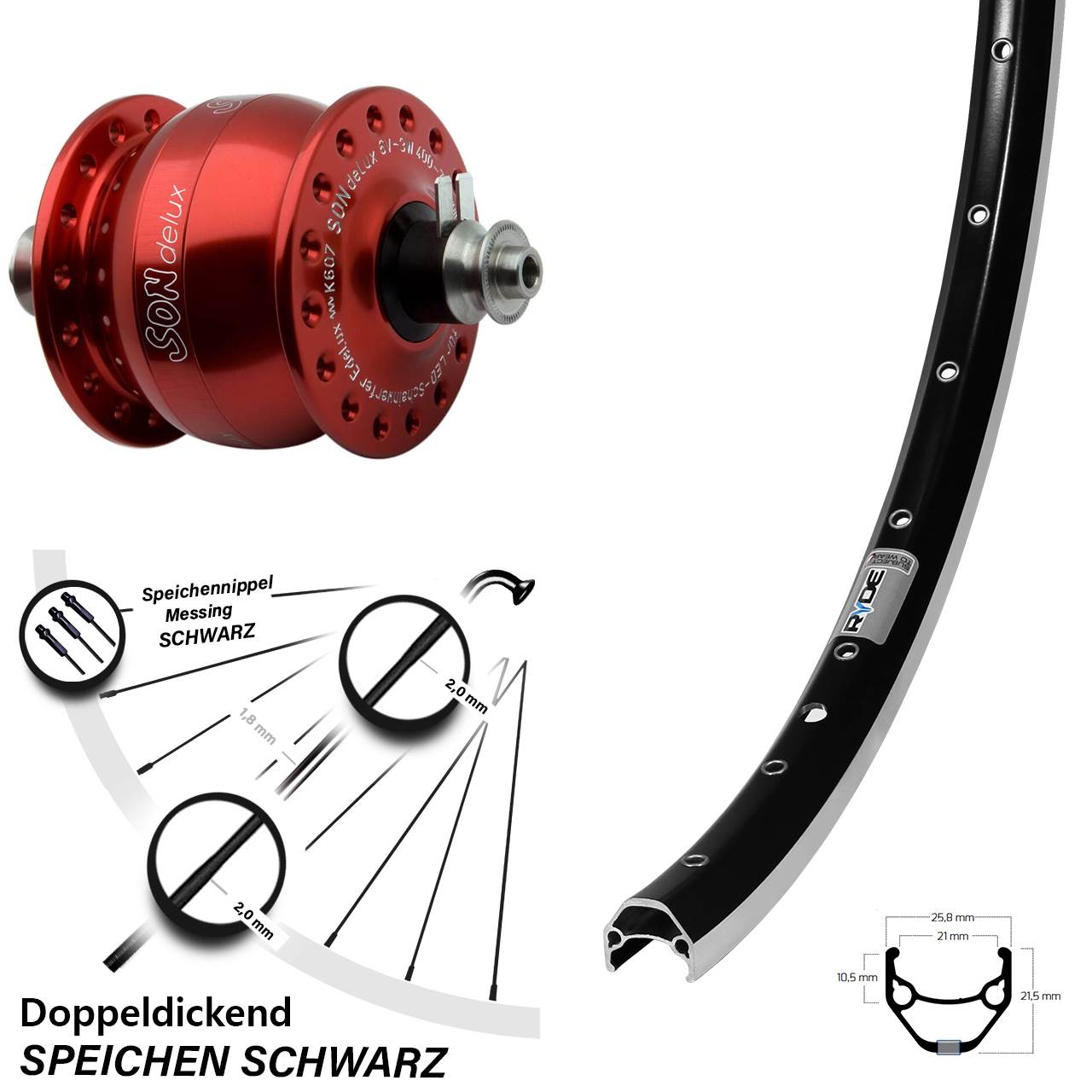Nabendynamo Son delux rot Ryde ZAC 421 Fahrrad-Laufrad 28 Zoll