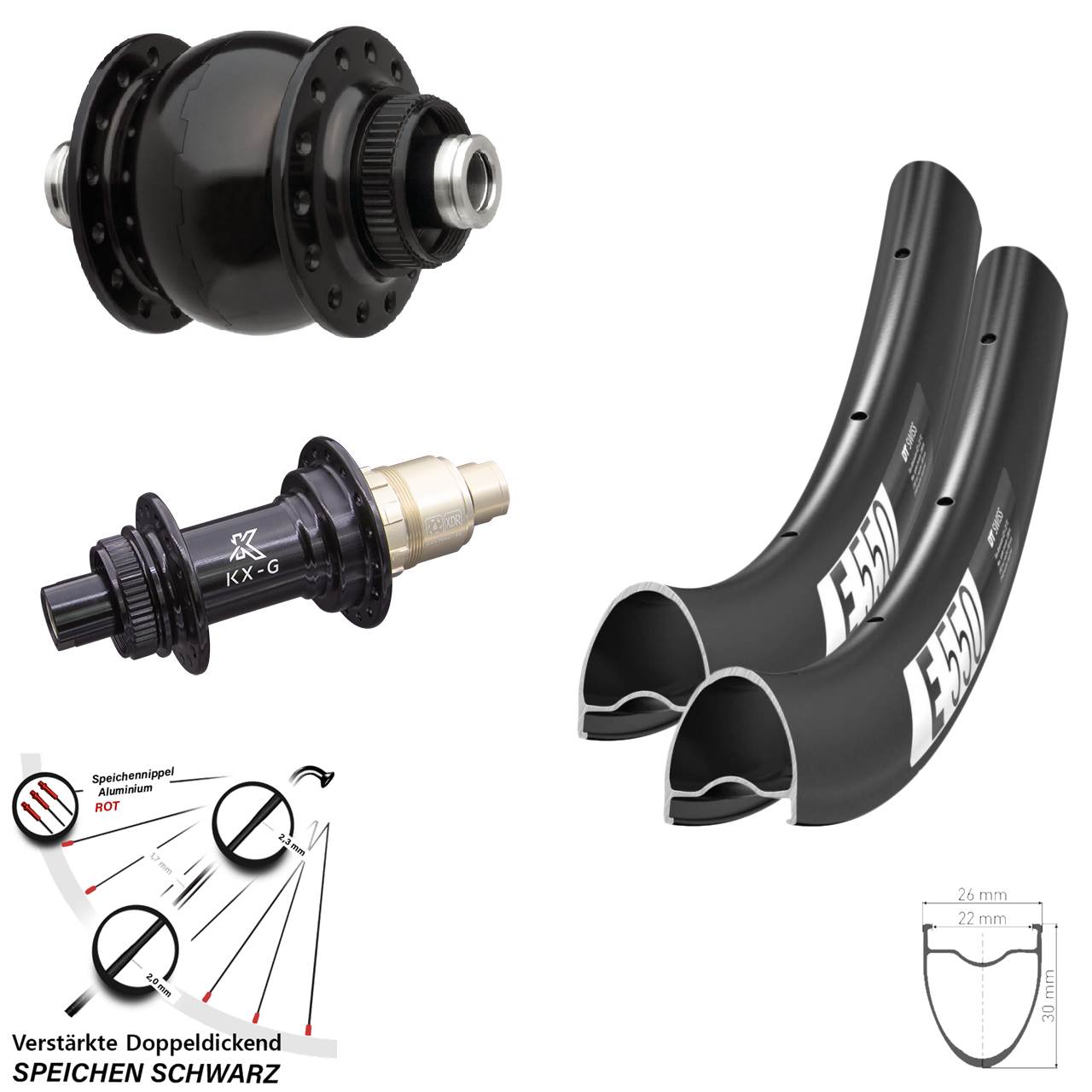 DT Swiss E550 KX-G SONdelux 28 Zoll Disc Laufrad-Satz 12x100/142 XDR