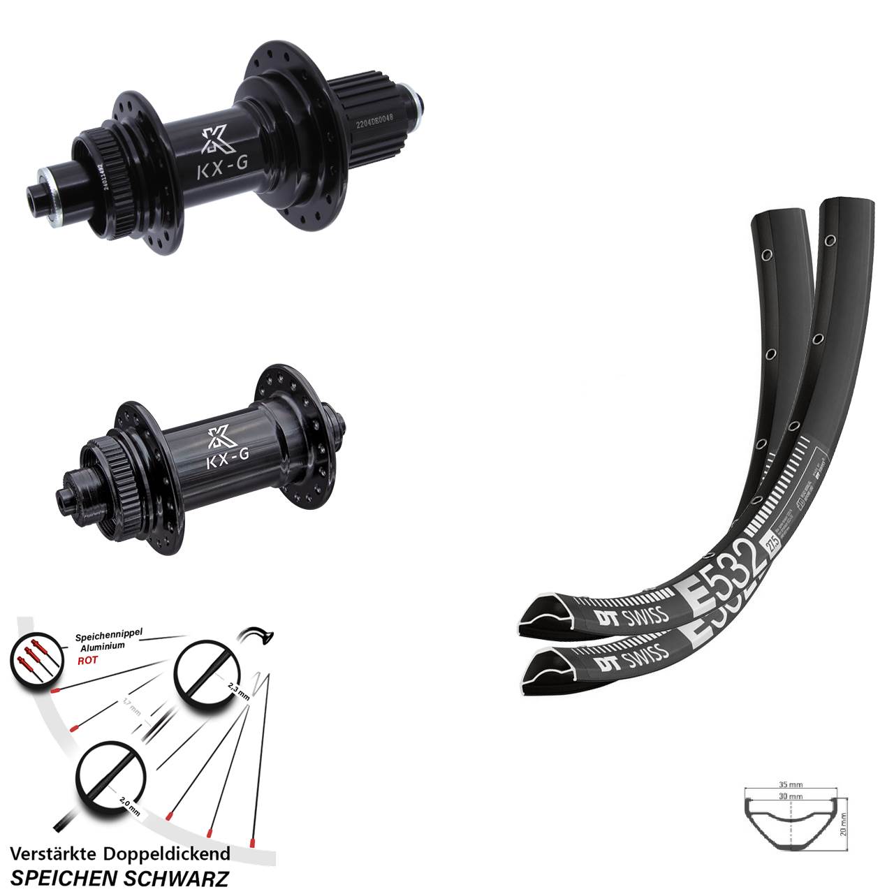 27,5 Zoll DT Swiss E532 KX-GS Heavy Duty Disc Laufradsatz für Schnellspanner Micro Spline