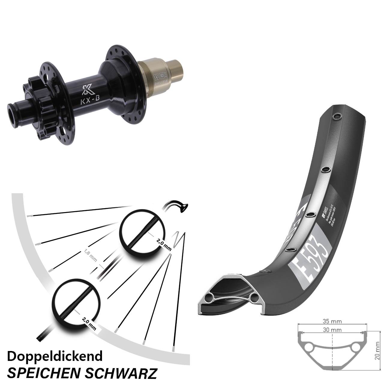 29 Zoll DT Swiss E 593 KX-B Hinterrad 6-Loch 12x148 XD