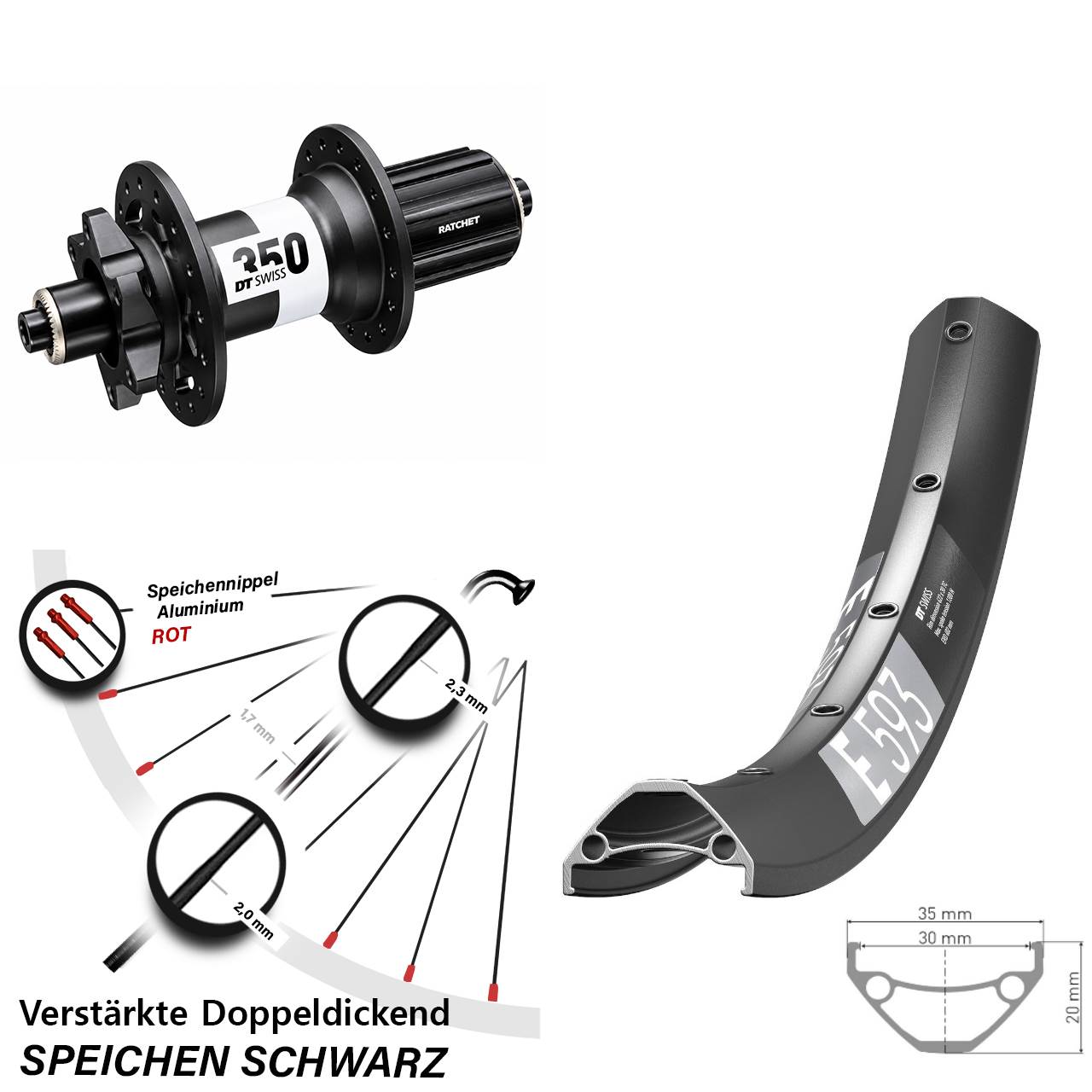 DT Swiss E593 DT Swiss 350 Ratchet 36 29 Zoll Disc Hinterrad QR 8-11 fach HG
