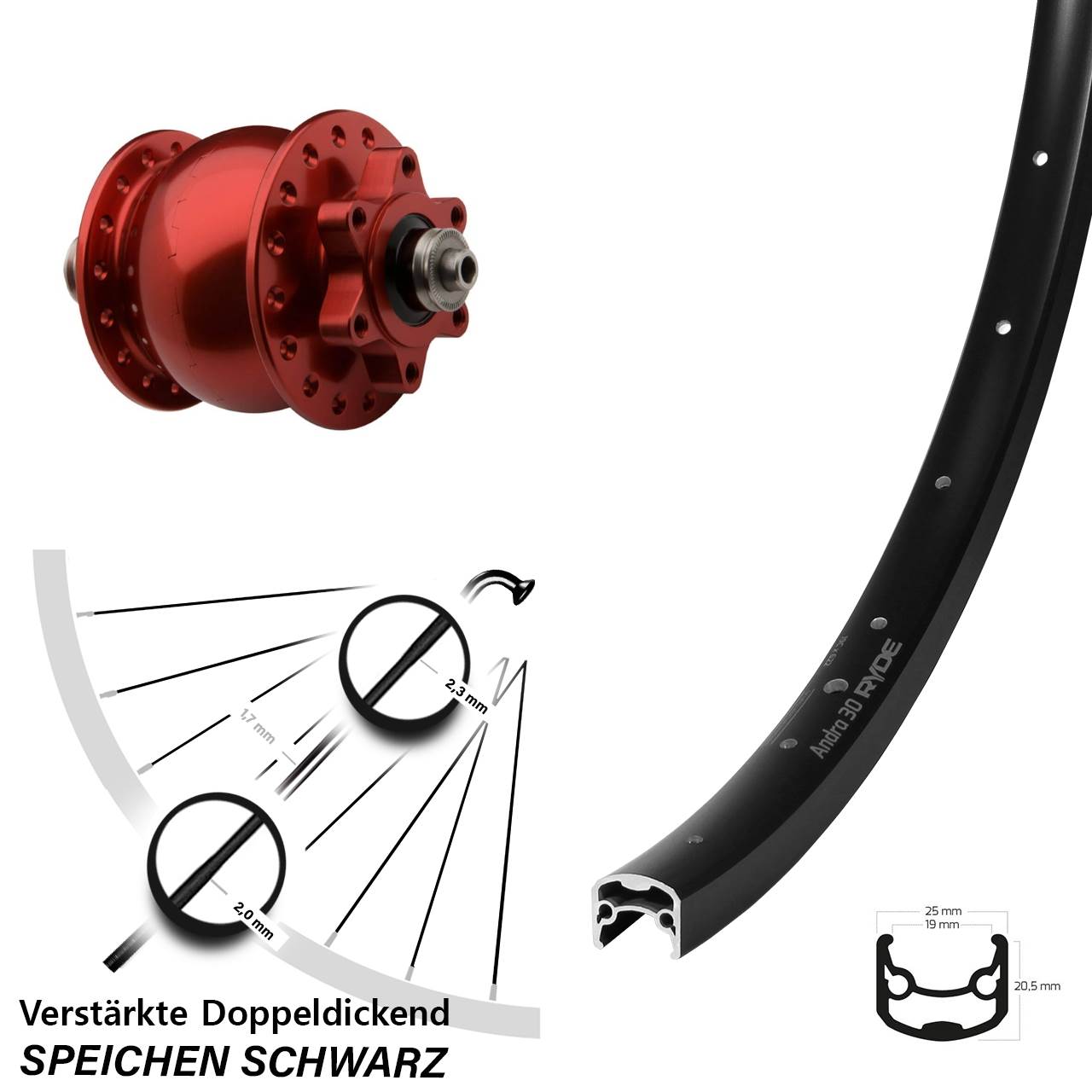 Nabendynamovorderrad 6-Loch roter SON 28 Zoll Ryde Andra 30 QR