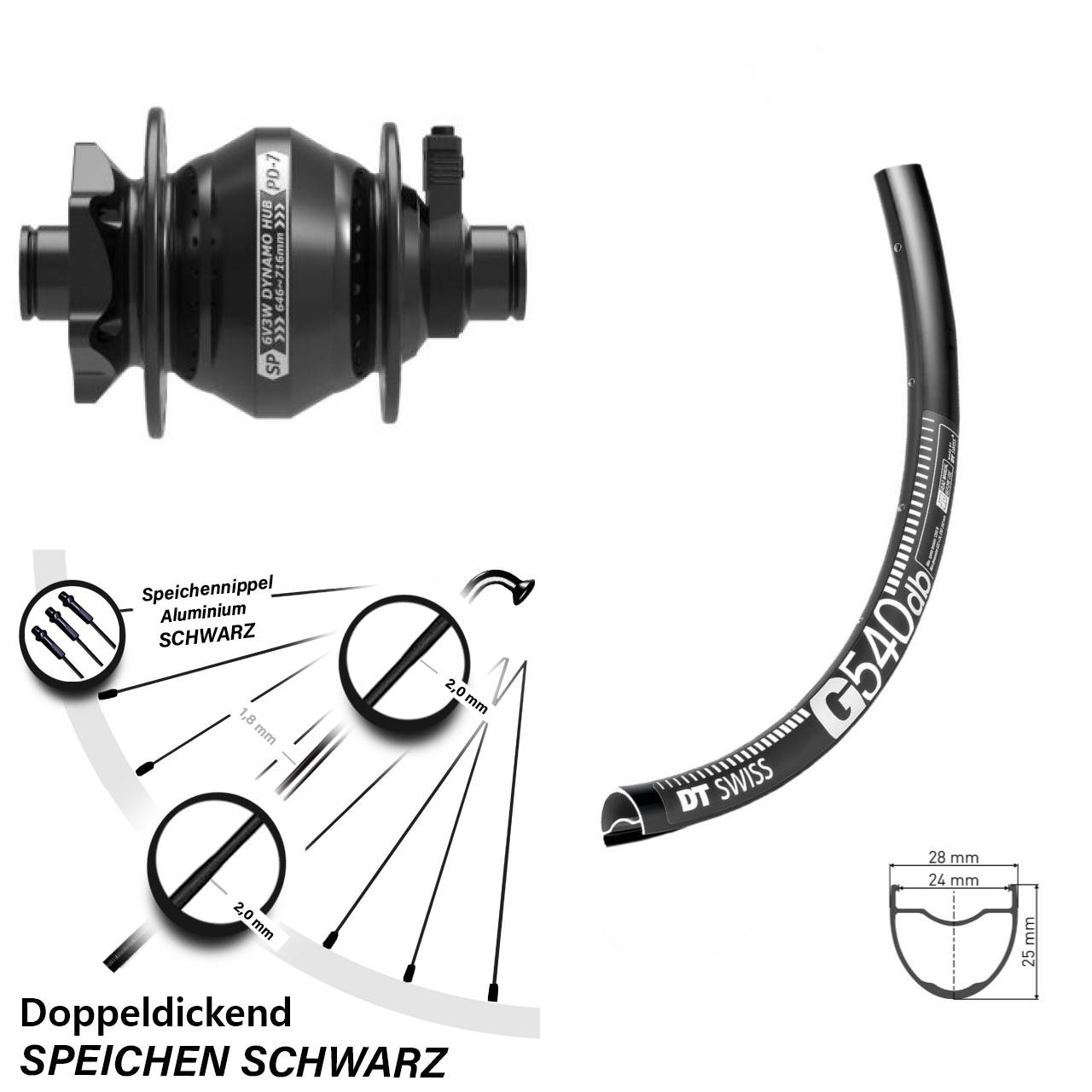 6-Loch Dynamo-Vorderrad 650B DT Swiss G540 Shutter PD-7 12x100