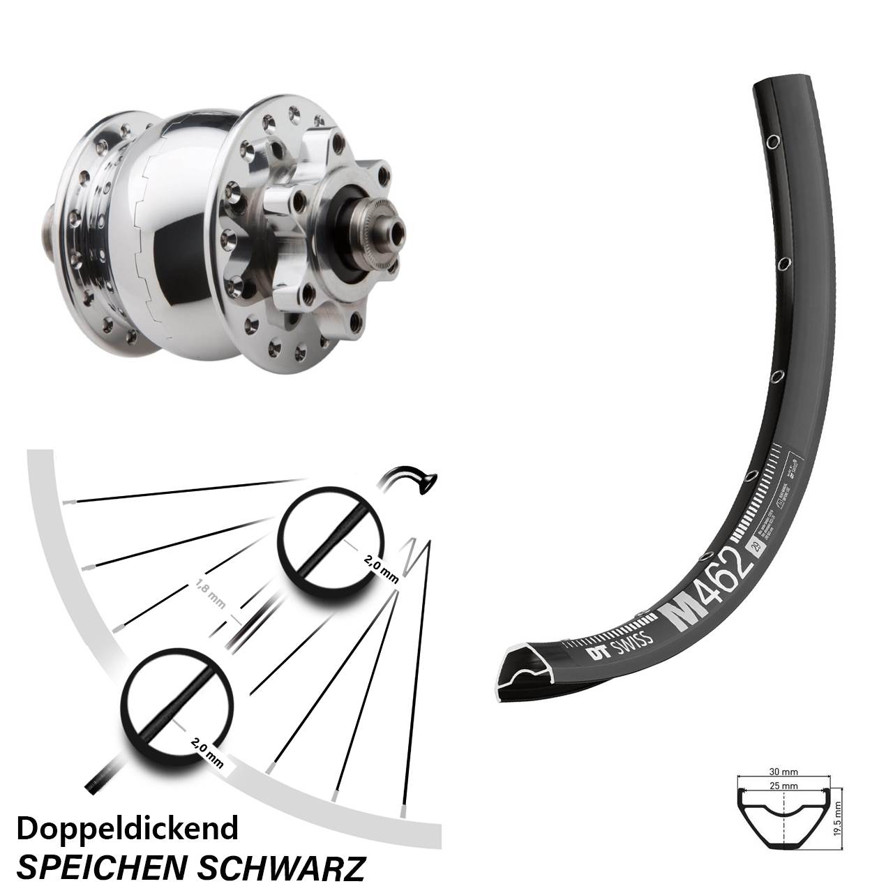 6-Loch Nabendynamovorderrad 27,5 Zoll DT Swiss M 462 SON 28 poliert QR