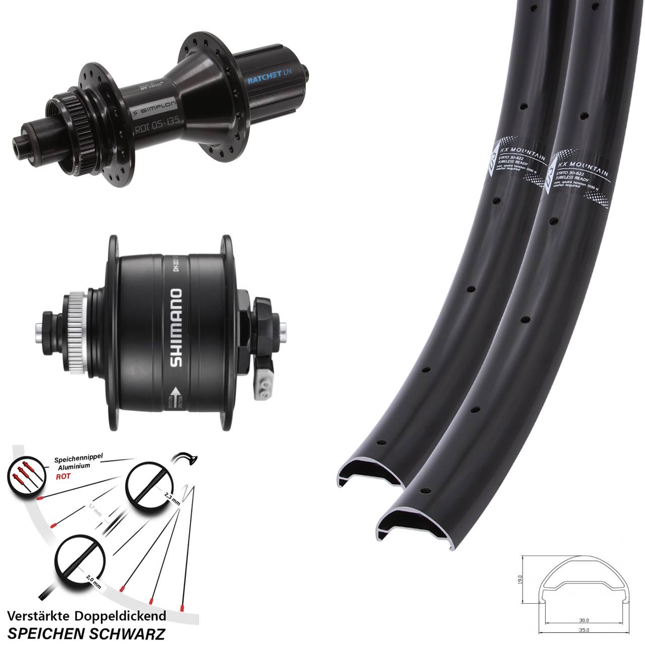 29 Zoll KX Mountain TR 370 Hybrid Shimano DH-3D37 Centerlock Laufradsatz QR 8-11 fach HG