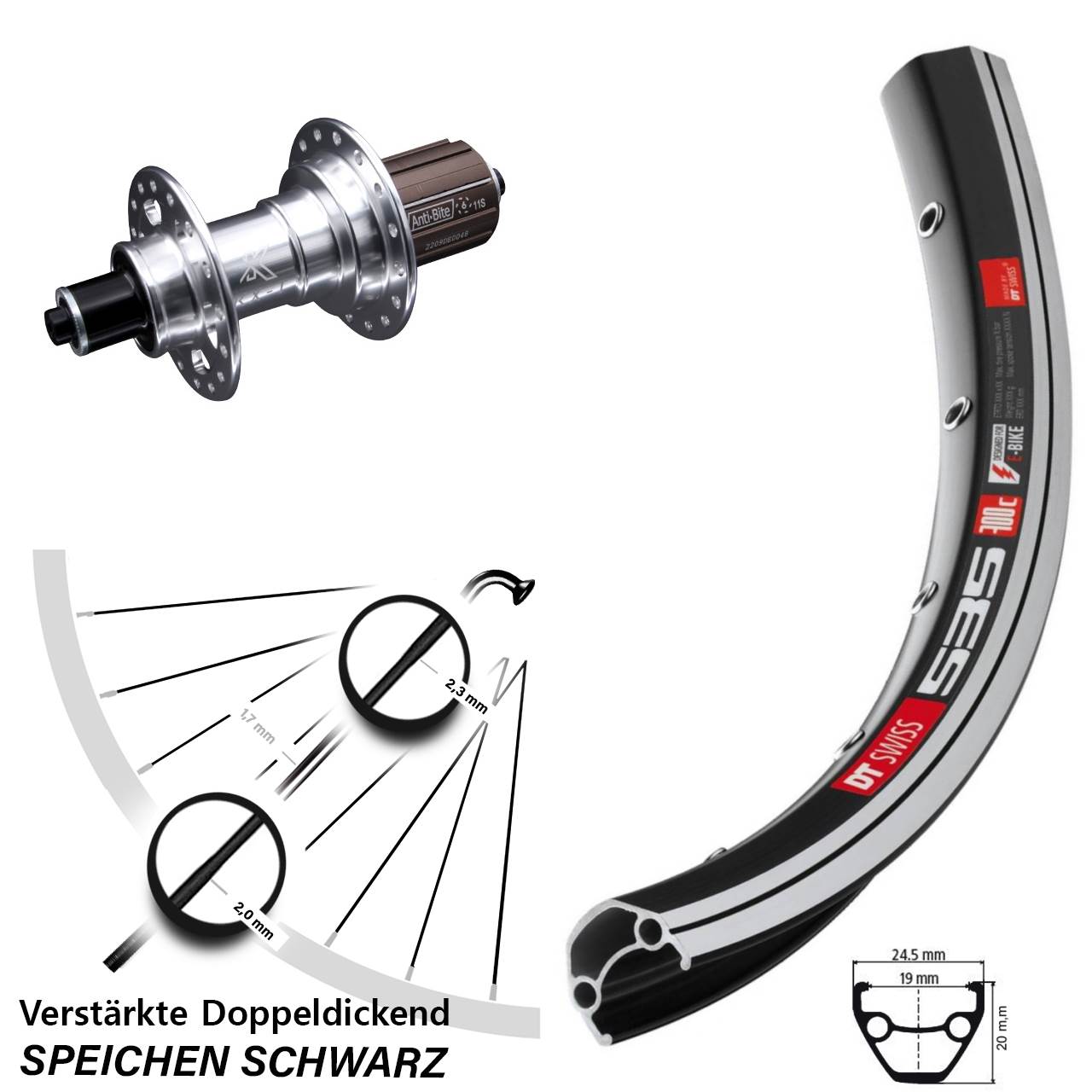 26 Zoll Hinterrad für Schnellspanner DT Swiss 535 KX-T 8-12 fach HG