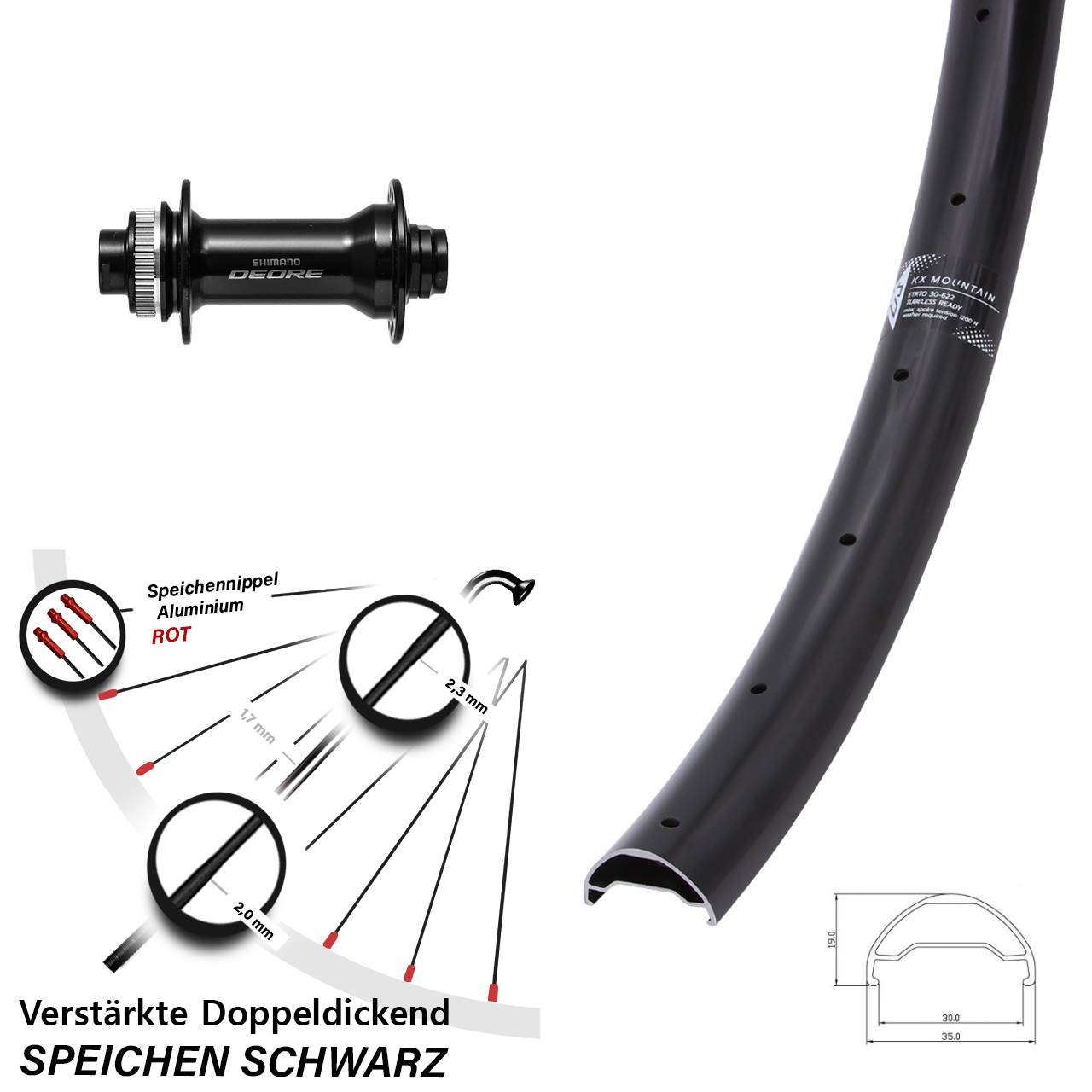 29 Zoll KX Mountain TR Shimano Deore HB-M6010 Vorderrad Centerlock 15x110 Boost