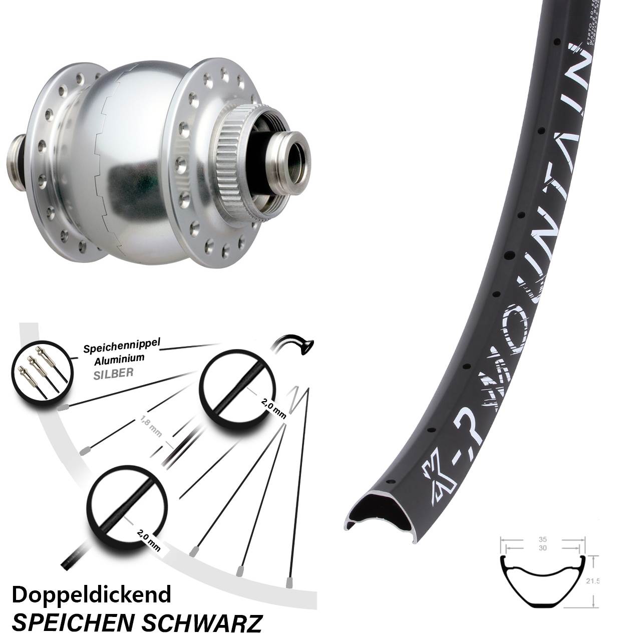 Disc Nabendynamo-Laufrad 27,5 Zoll KX-R Mountain SON 28 silbern 12x100