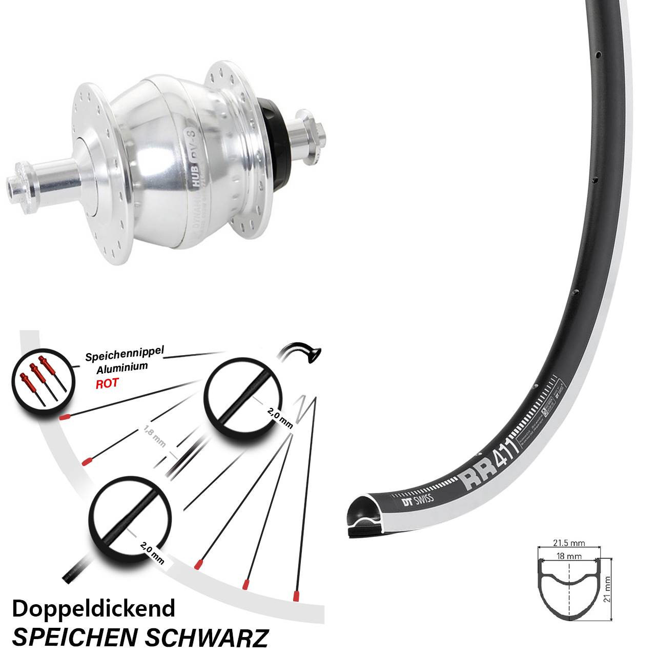 Nabendynamo-Vorderrad 28 Zoll DT Swiss RR 411 Shutter Precision PV-8 QR