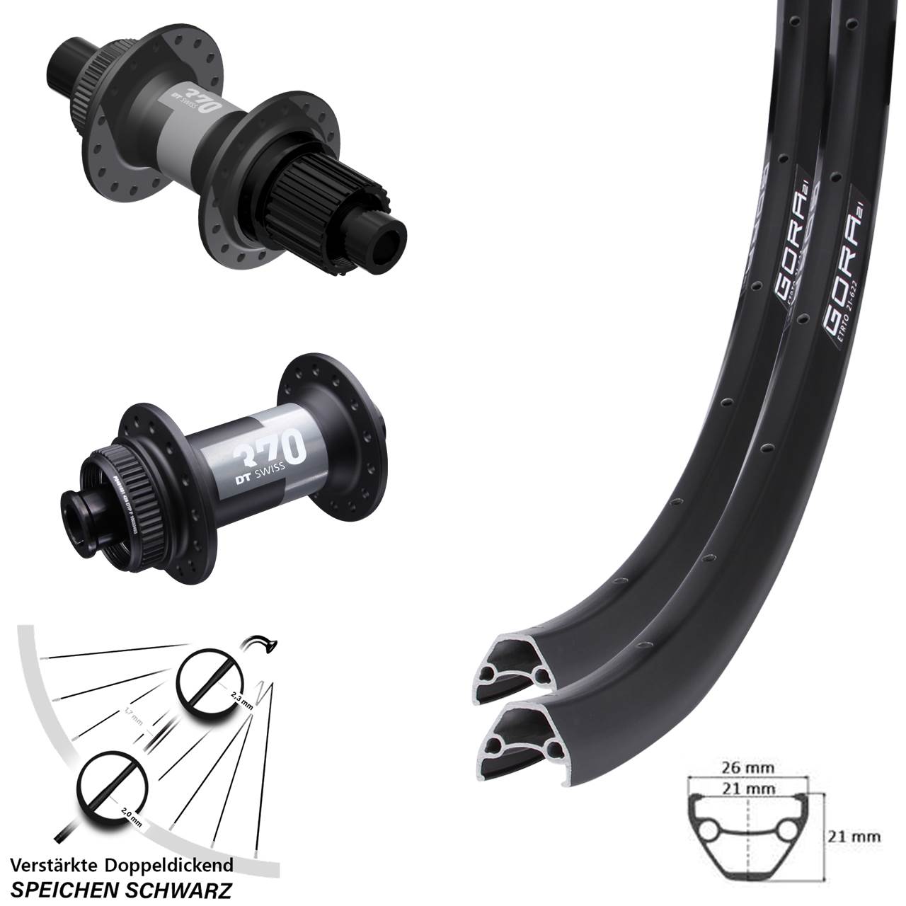 27,5 Zoll Gora 21 DT Swiss 370 Centerlock Laufradsatz 15x100 12x142 Shimano Micro Spline