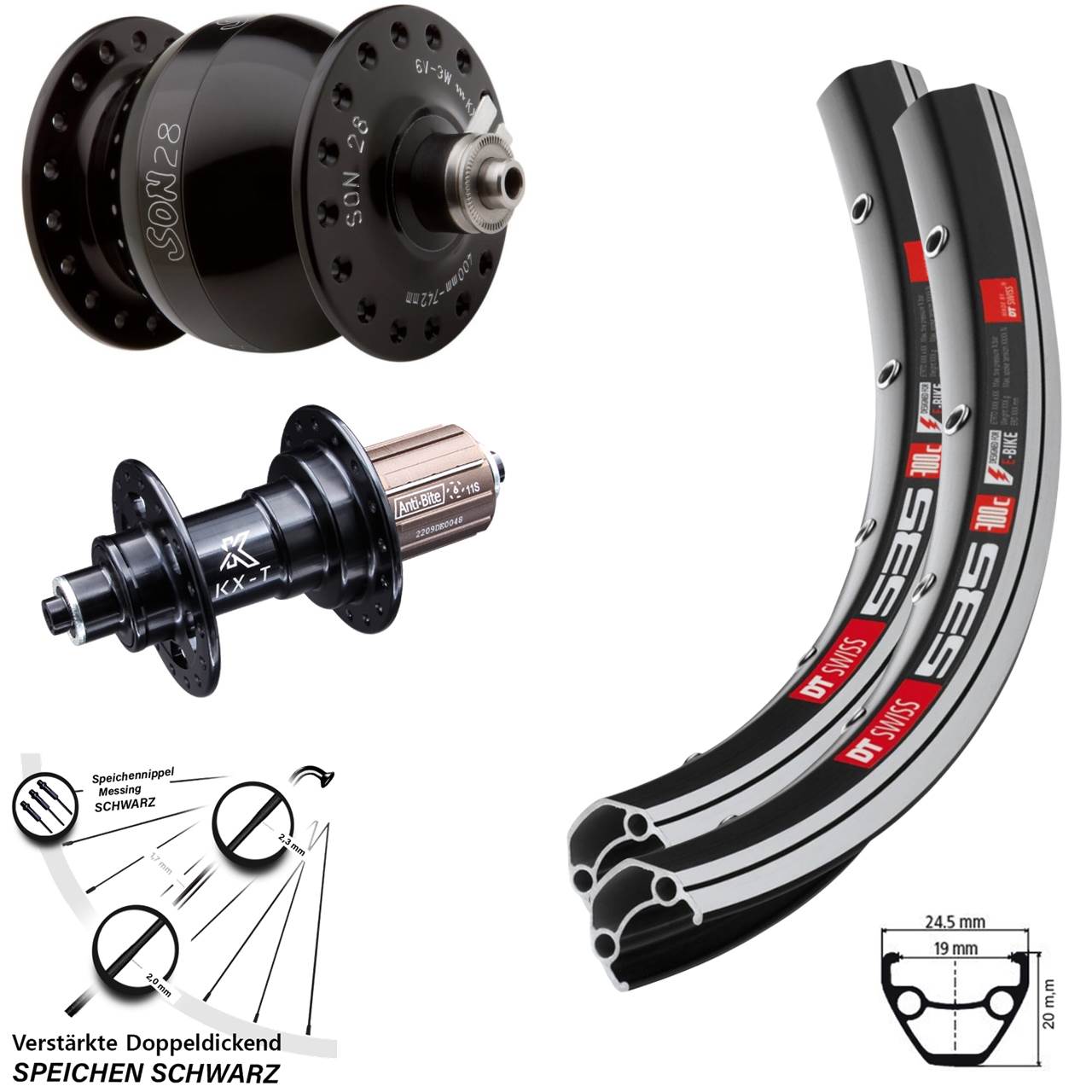 Laufradsatz 26 Zoll SON 28 DT Swiss 535 KX-T 8-12 fach HG QR