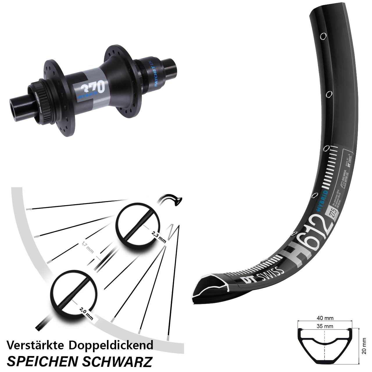 Centerlock Hinterrad 27,5 Zoll DT Swiss H612-370 Hybrid XD 12x148
