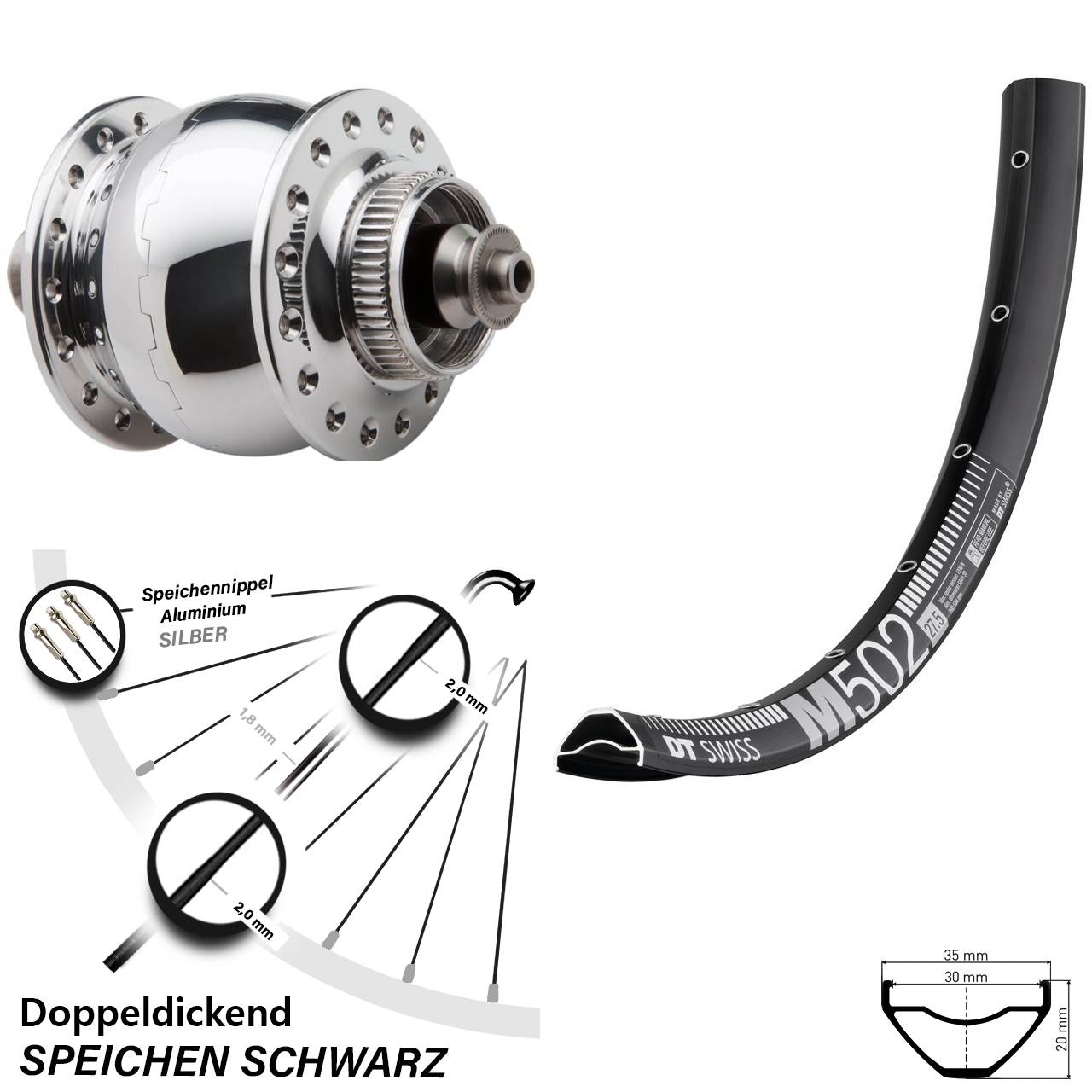 Nabendynamo-Vorderrad Centerlock 29 Zoll DT Swiss M502 SON 28 poliert für Schnellspanner