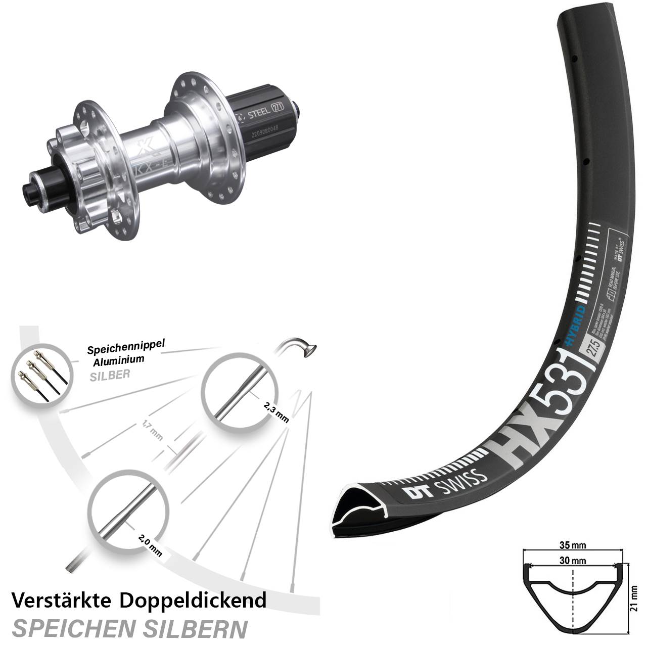 KX-E verstärkt 5x135 mm 6-Loch silbern 8-12 fach DT Swiss HX 531 Hinteres Rad 29 Zoll