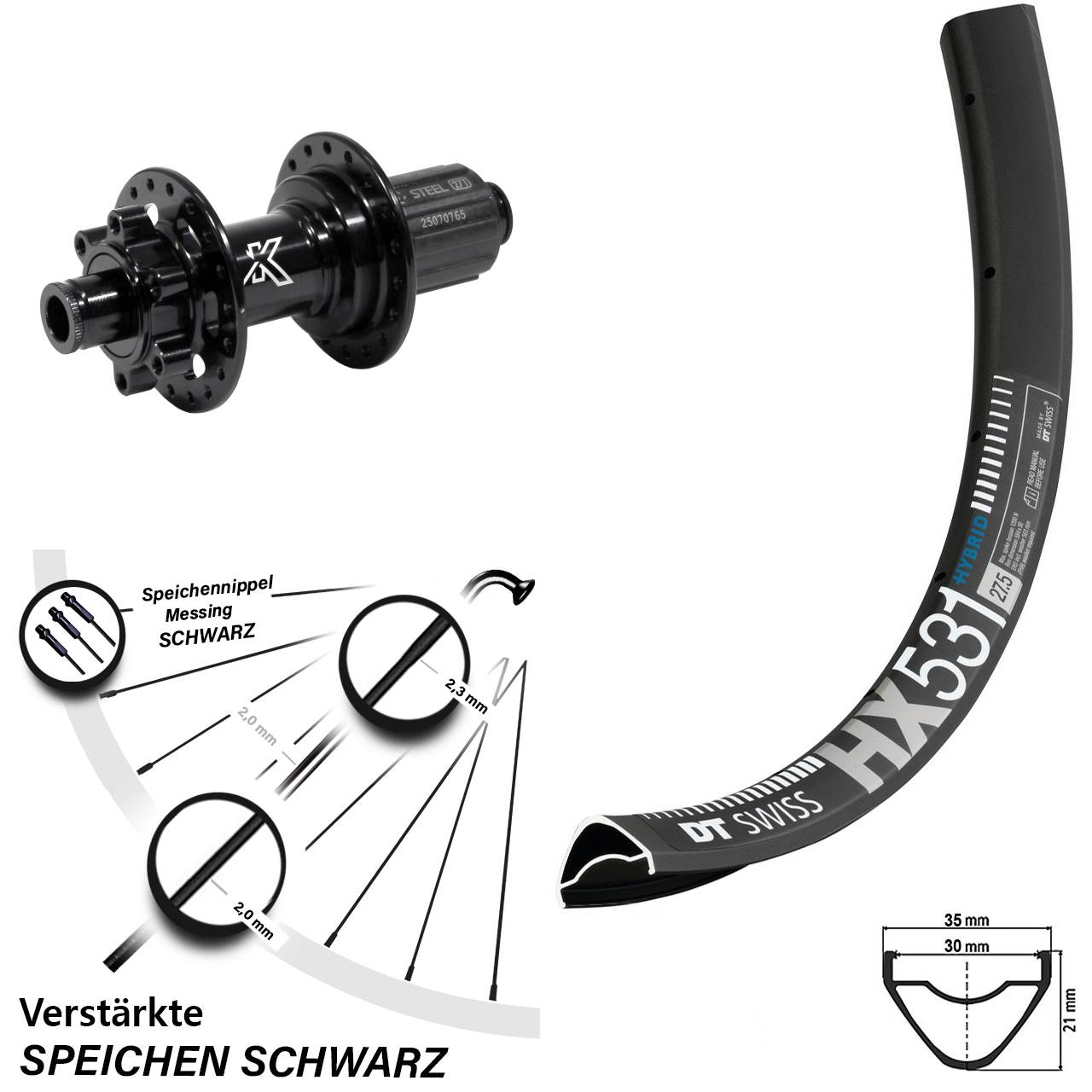 Hinterrad 6-Loch 29 Zoll DT Swiss HX 531 KX-M Heavy Duty 8-12 fach HG 12x142