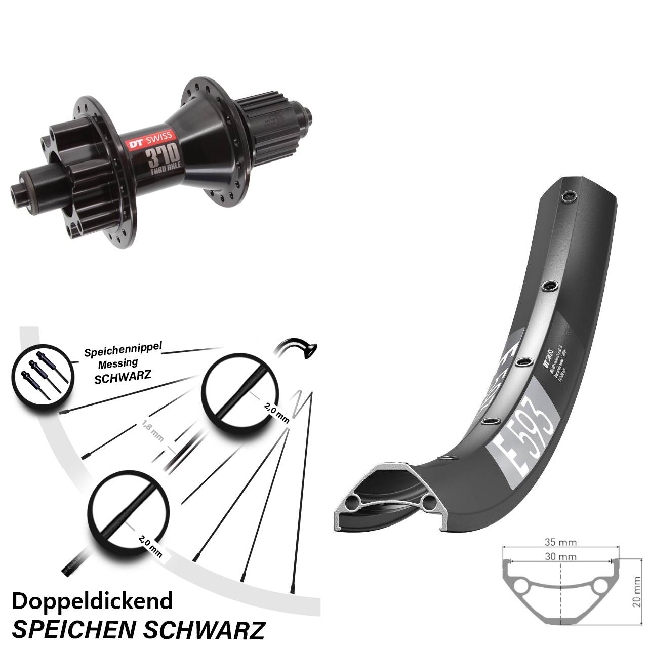 6-Loch Hinterrad für Schnellspanner 29 Zoll DT Swiss E593-370 Hybrid Micro Spline