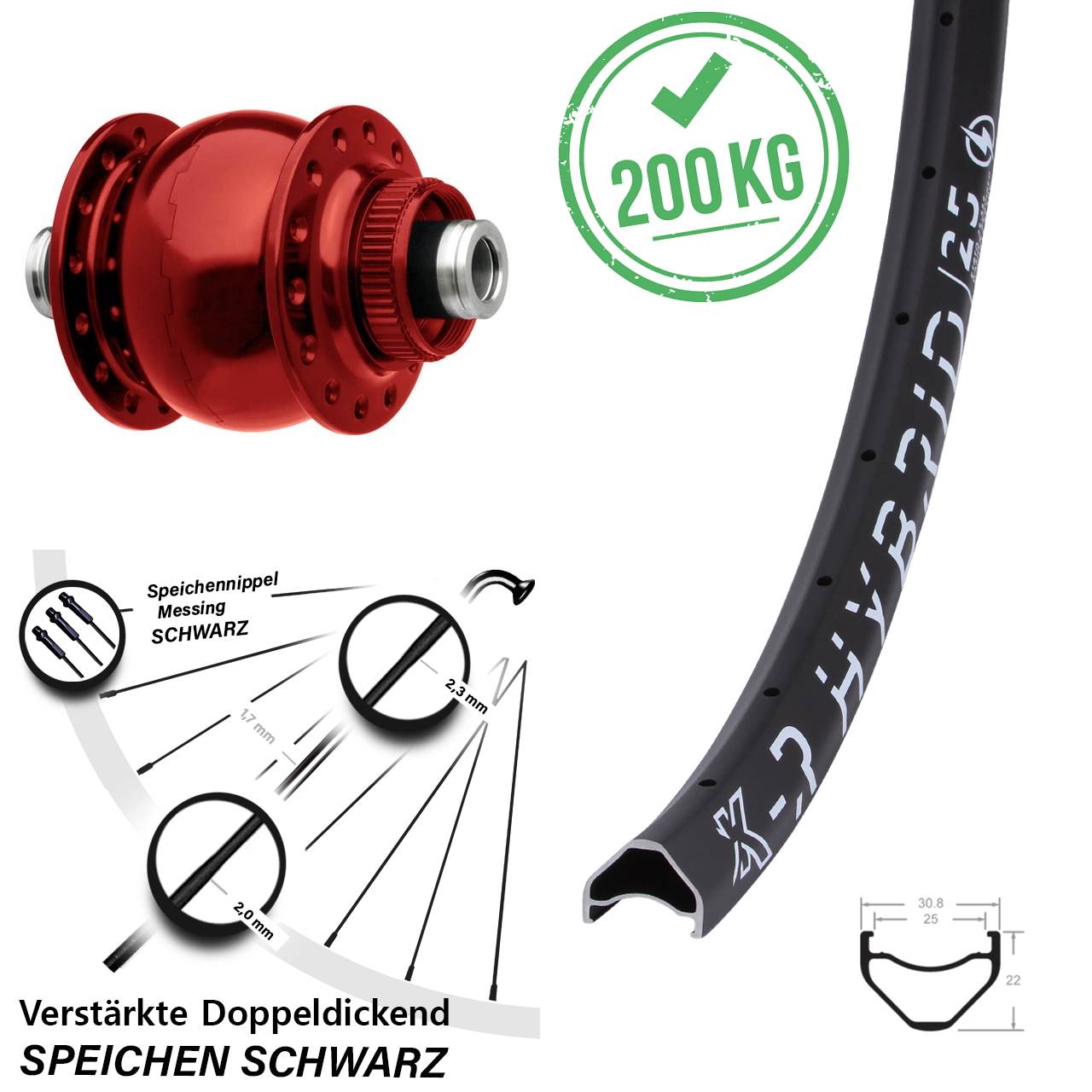 Disc Nabendynamo-Laufrad 27,5 Zoll KX-R Hybrid 25 SON 28 rot 12x100