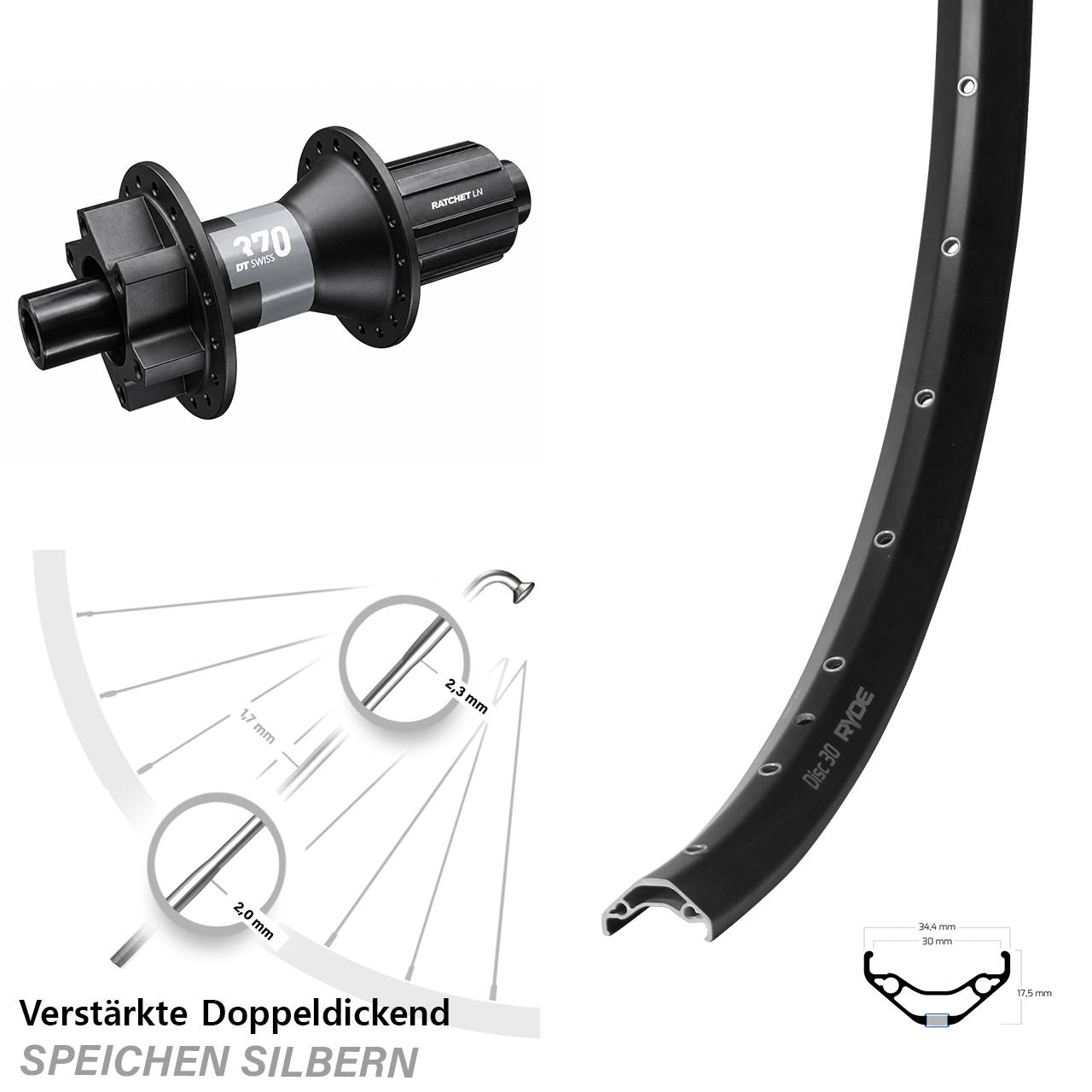 Hinterrad 12x142 29 Zoll Ryde Disc 30 DT Swiss 370 8-11 fach