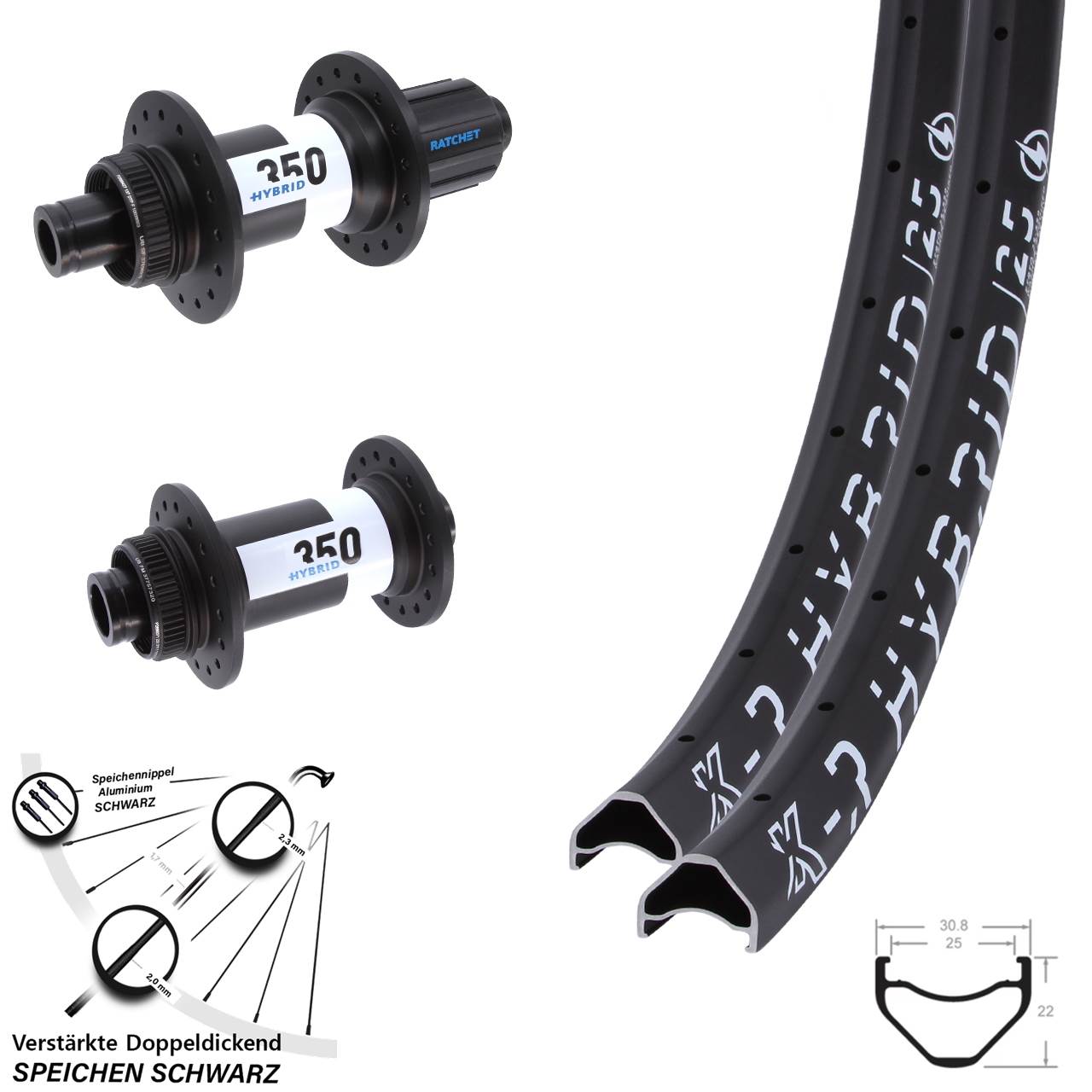 Boost Centerlock Laufradsatz 15x110 12x148 26 Zoll KX-R Hybrid 25 DT Swiss 350 E-Bike HG