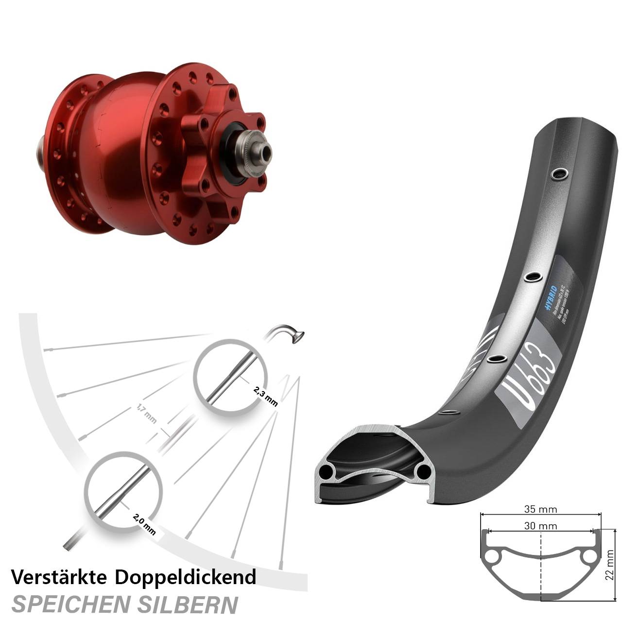 29 Zoll DT Swiss U663 SON 28 rot 6-Loch Nabendynamovorderrad für Schnellspanner