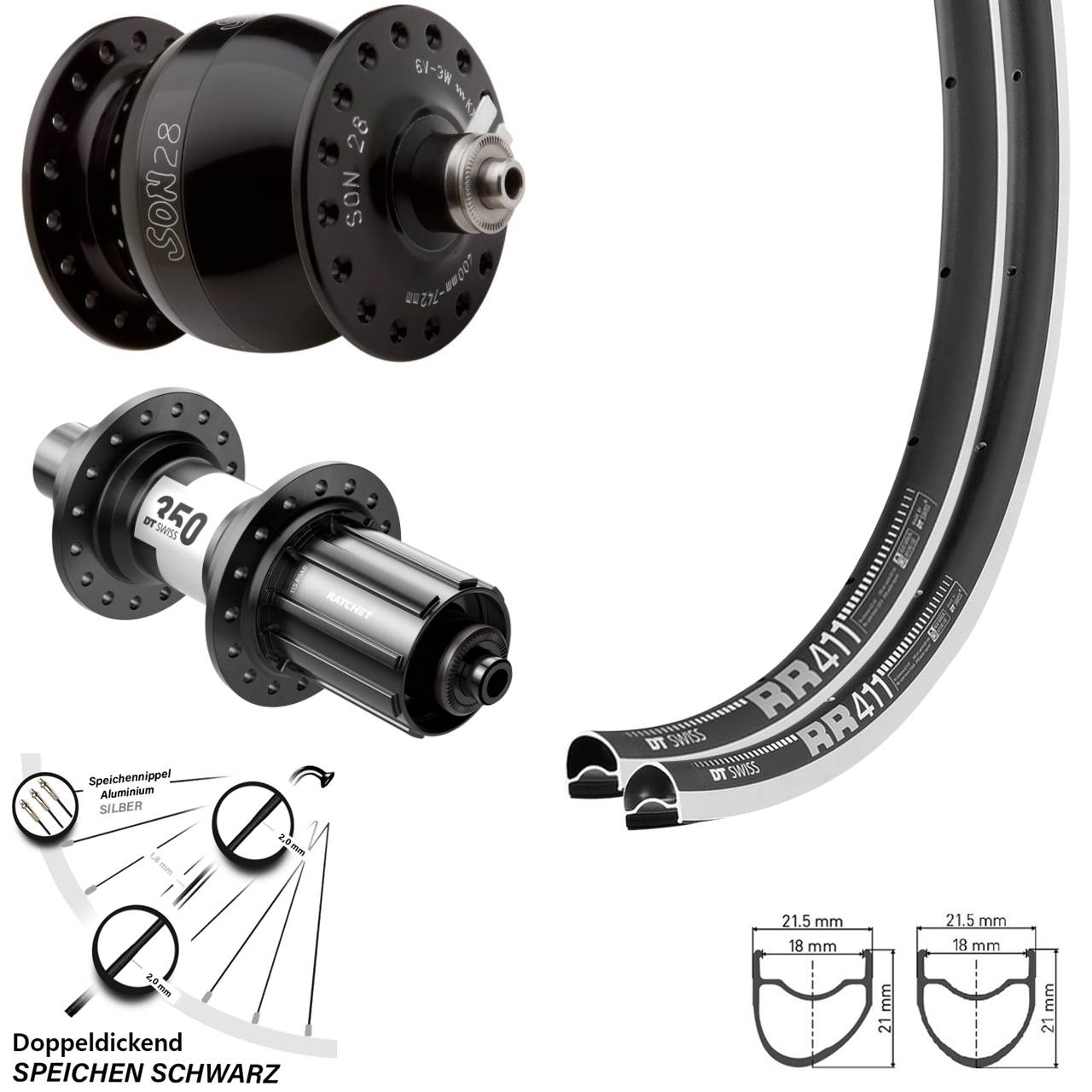 RR411 OS DT Swiss 350 Road SON 28 Zoll Laufradsatz für Schnellspanner 8-12 fach HG