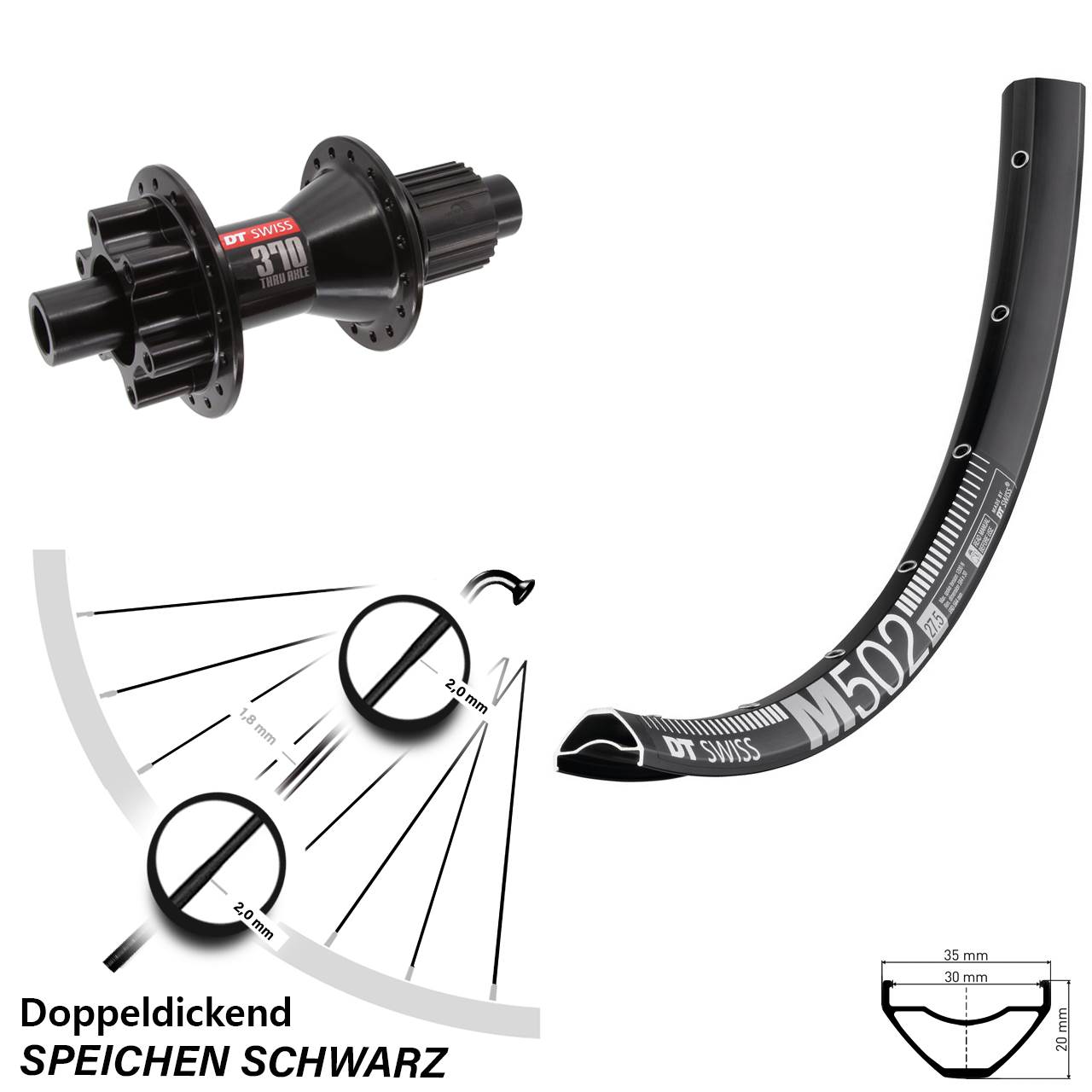 DT Swiss M502-370 Hybrid 29 Zoll 6-Loch Hinterrad 12x142 Micro Spline
