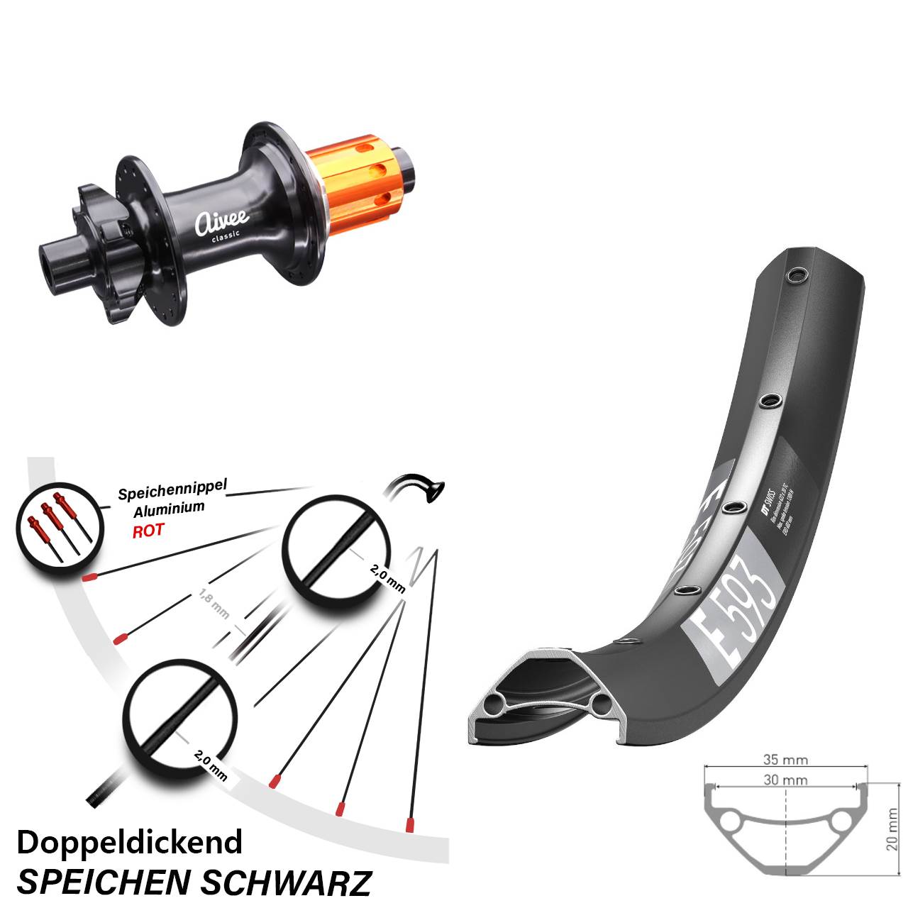 DT Swiss E 593 Aivee Classic 27,5 Zoll Hinterrad 6-Loch 12x148 Boost 8-12 fach HG