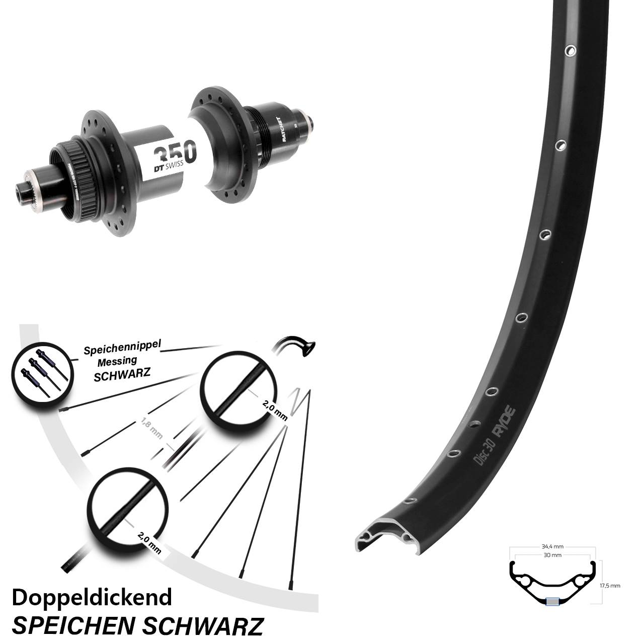 27,5 Zoll Ryde Disc 30 DT Swiss 350 Boost Hinterrad Centerlock QR Boost XD