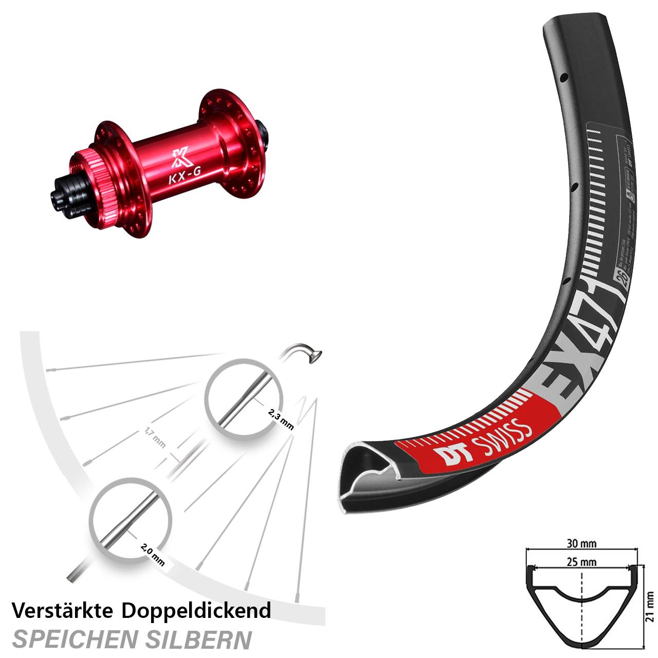 DT Swiss EX 471 Disc-Vorderrad 29 Zoll mit KX-G Schnellspanner 5x100 Nabe rot-eloxiert
