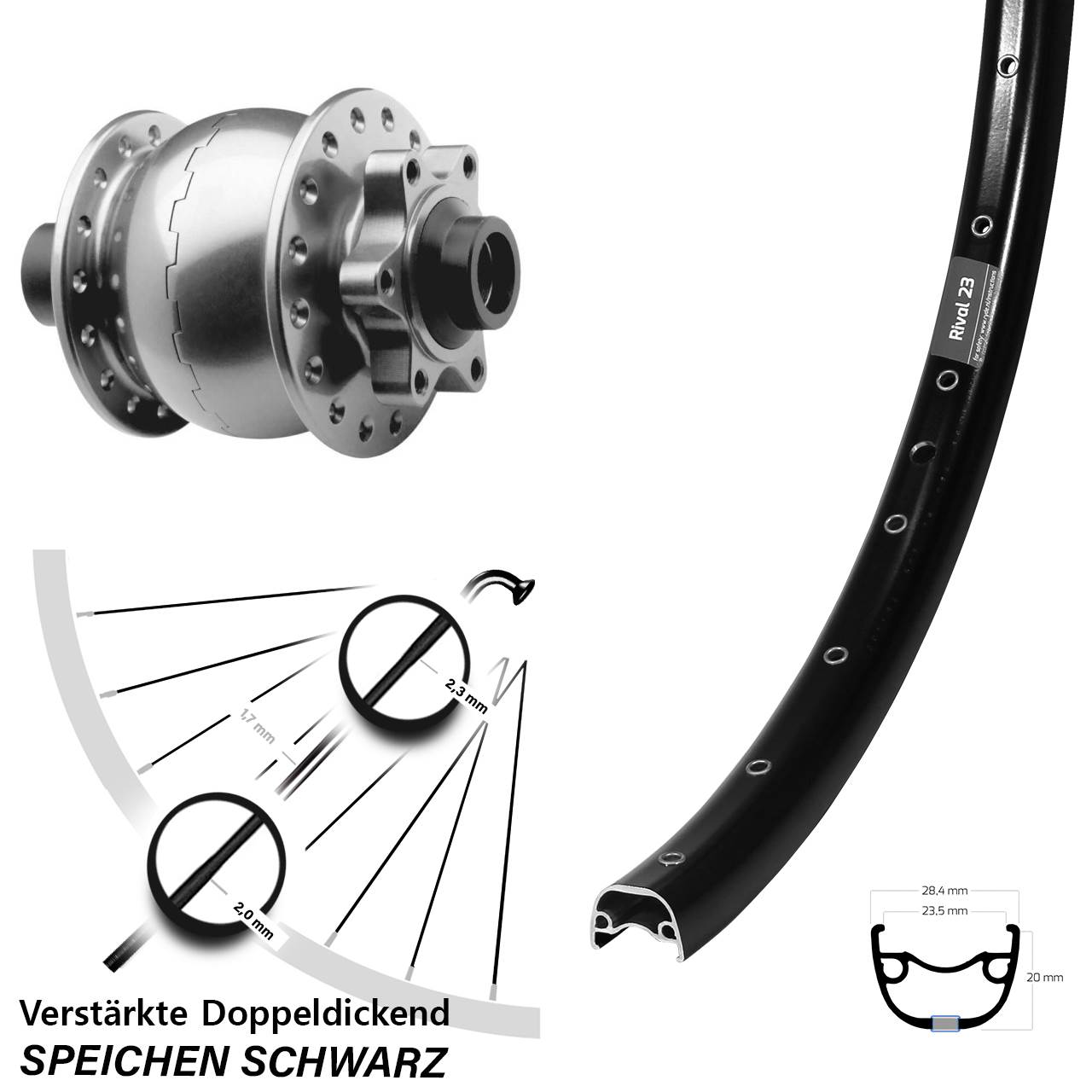 SON 28 silbern Ryde Rival 23 650B Vorderrad mit Nabendynamo 6-Loch 15x100