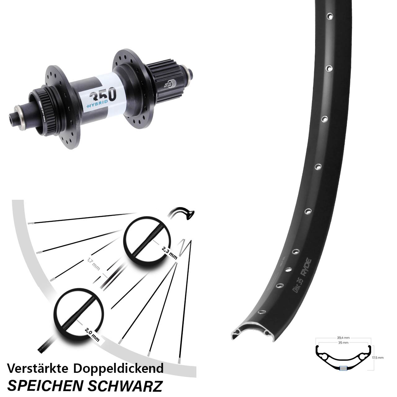 29 Zoll Ryde Disc 35 DT Swiss 350 Hybrid Hinterrad Centerlock QR Boost Micro Spline