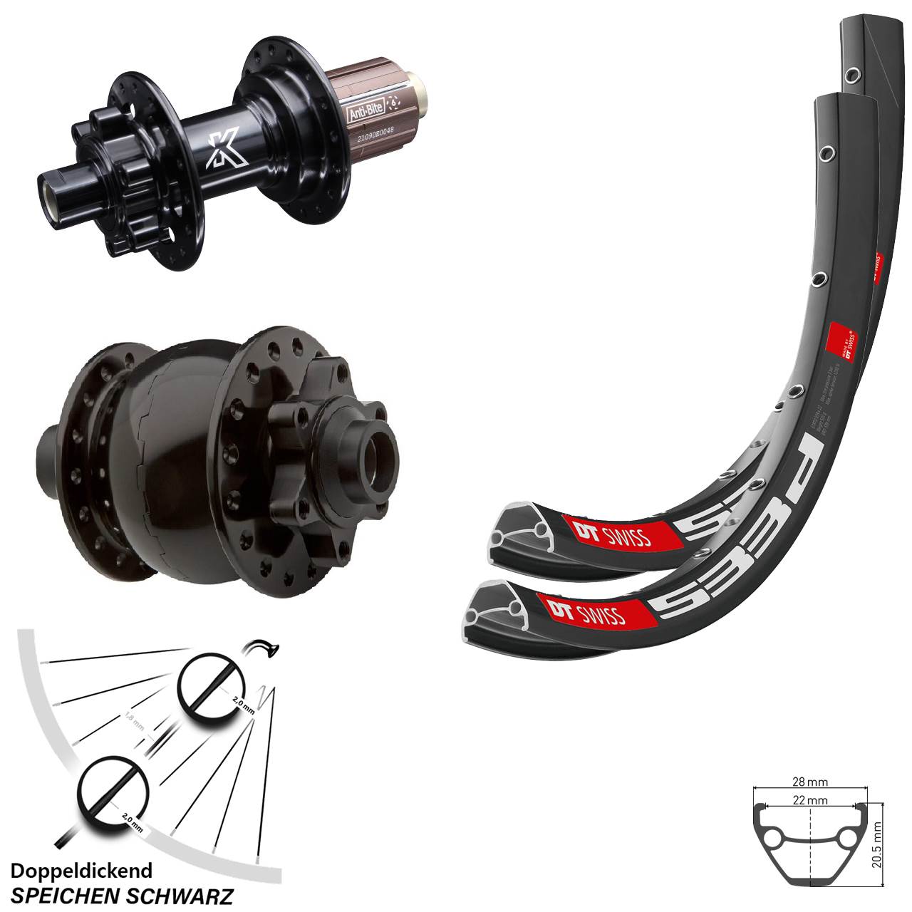 SON 28 Disc 6-Loch Zoll DT Swiss 533d KX-M Laufradsatz 15x100 12x142 8-12 fach HG