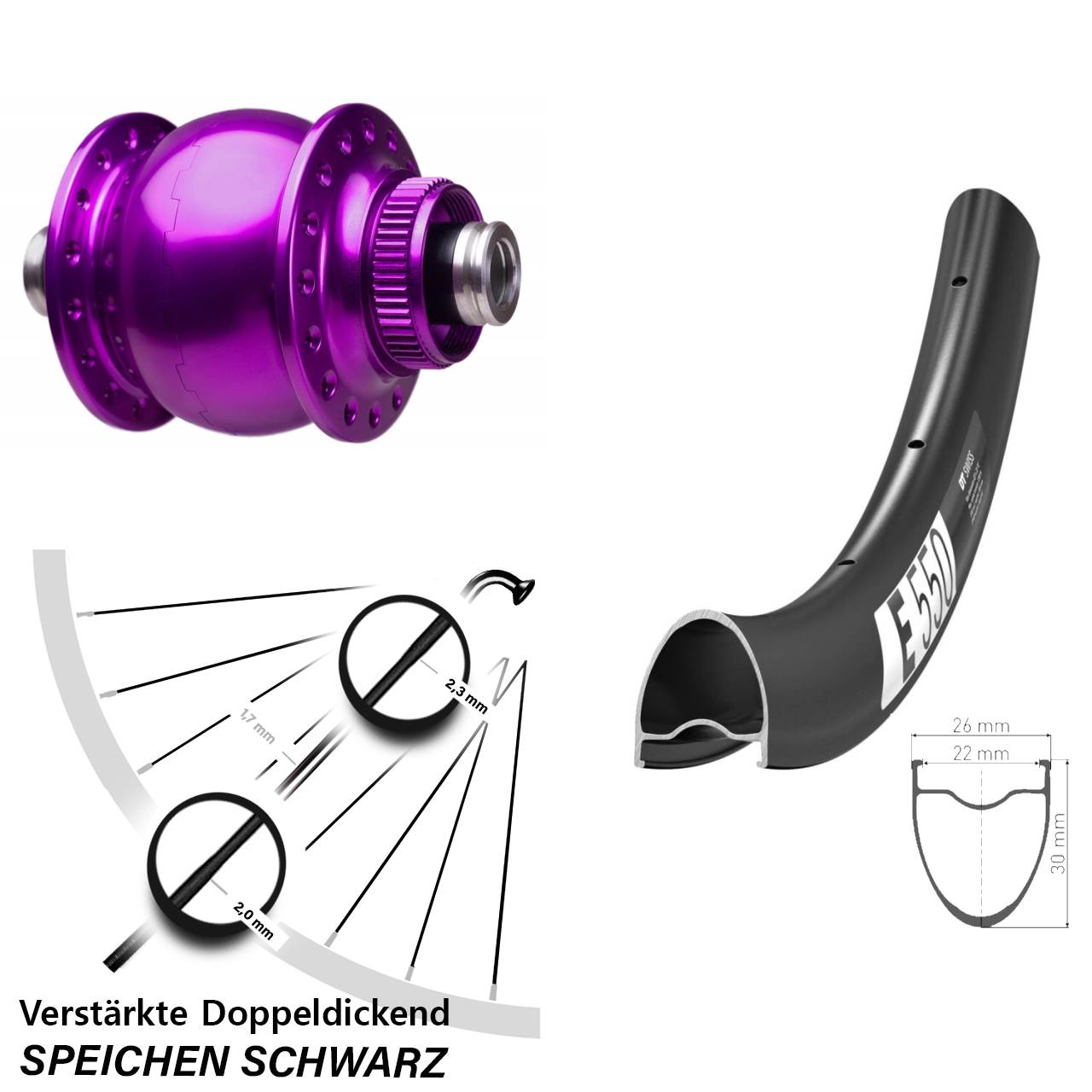 28 Zoll DT Swiss E550 SON 28 violett Disc Nabendynamovorderrad 12x100