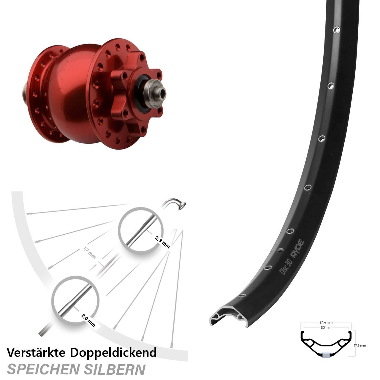 SON 28 rot Ryde Disc 30 29 Zoll 6-Loch Nabendynamo-Vorderrad für Schnellspanner