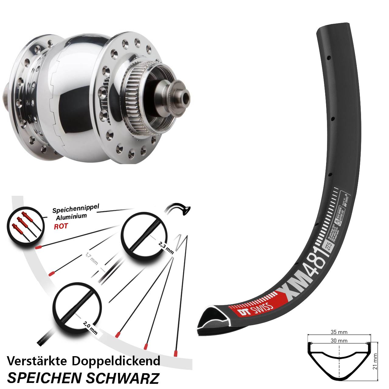27,5 Zoll DT Swiss XM 481 SON 28 Dynamo-Vorderrad Centerlock QR