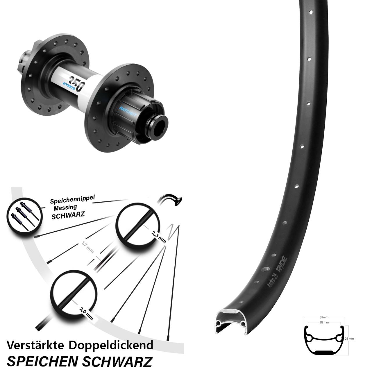 28 Zoll Ryde Andra 25 DT Swiss 350 Hybrid Singlespeed 6-Loch Hinterrad 12x142
