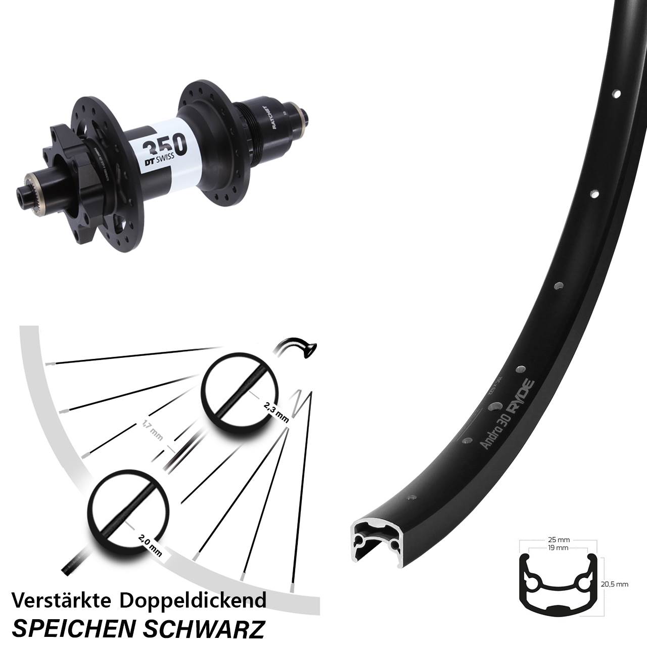 Ryde Andra 30 DT Swiss 350 28 Zoll Disc Hinterrad für Schnellspanner SRAM XD