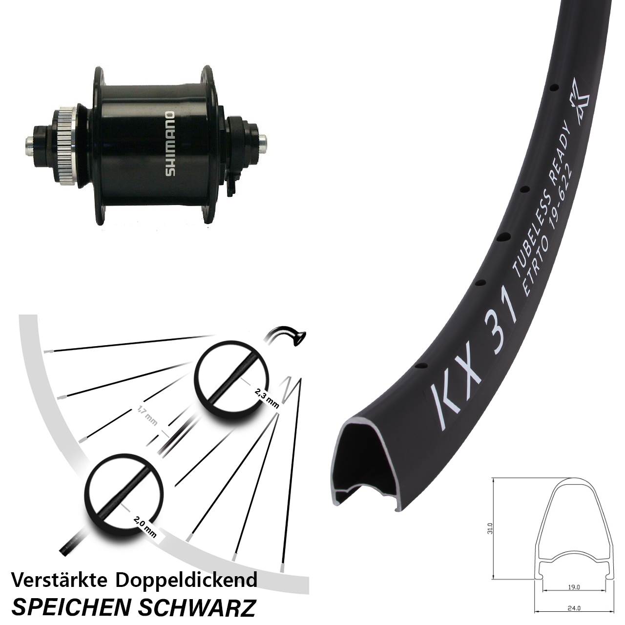 28 Zoll KX31 Shimano DH-UR700 Disc Nabendynamovorderrad QR