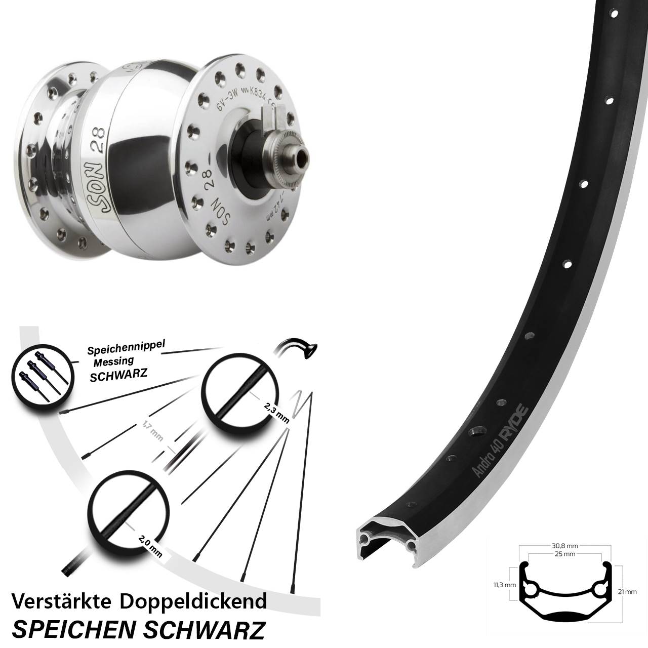 SON 28 Ryde Andra 40 20 Zoll Vorderrad mit Nabendynamo für Schnellspanner