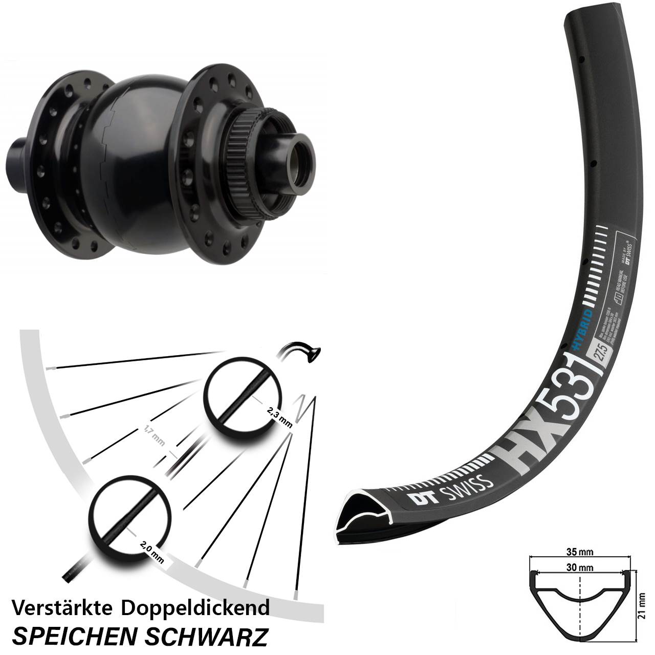 Disc Nabendynamo-Laufrad 29 Zoll DT Swiss HX531 SON 28 15x110 Boost
