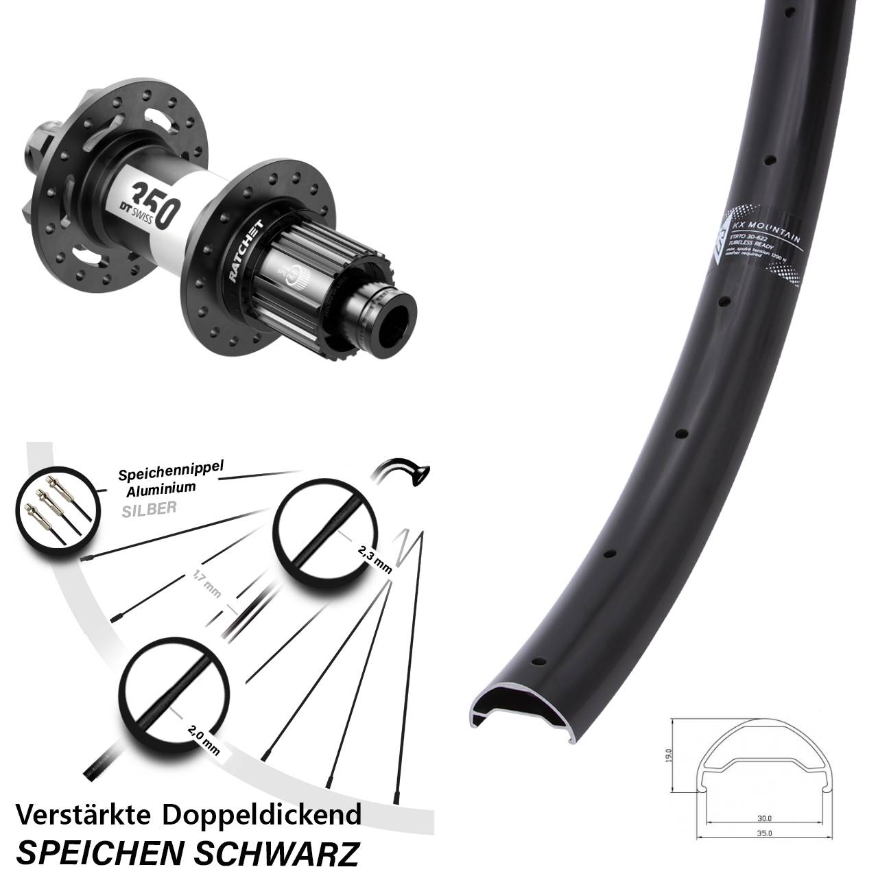 Boost 6-Loch Hinterrad 12x148 29 Zoll KX Mountain TR DT Swiss 350 Ratchet 36 Micro Spline