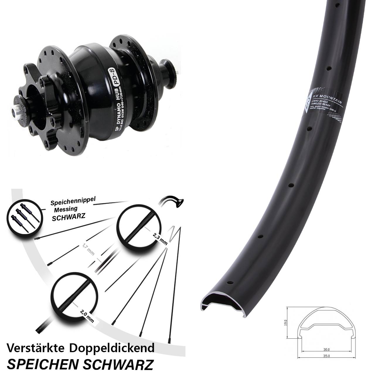 Nabendynamovorderrad 6-Loch QR 29 Zoll KX Mountain Shutter Precision PD-8
