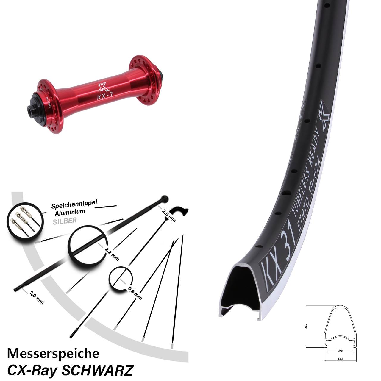 28 Zoll Vorderrad Rennrad KX-R 31 rot Messerspeiche Sapim CX-Ray