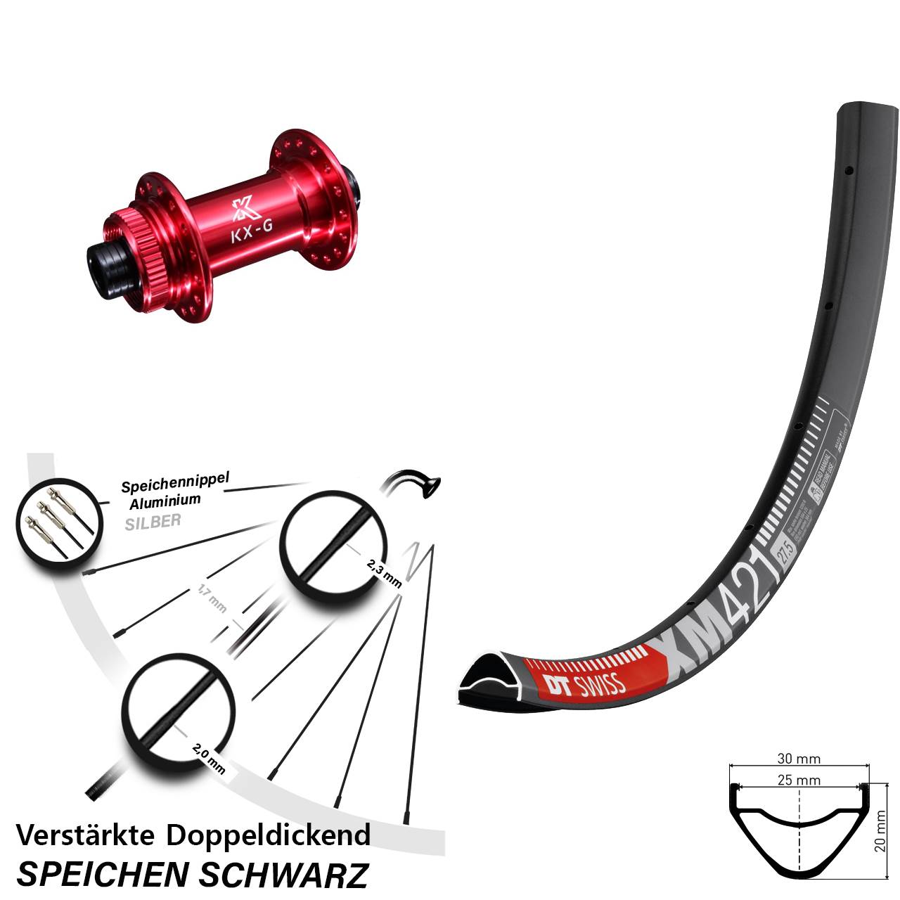 Vorderrad Centerlock 12x100 29 Zoll DT Swiss XM421 KX-G rot