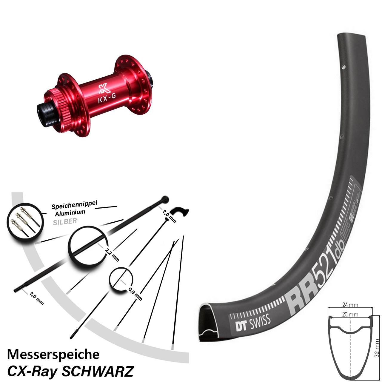 Vorderrad Centerlock 12x100 28 Zoll DT Swiss RR 521 KX-G rot CX-Ray