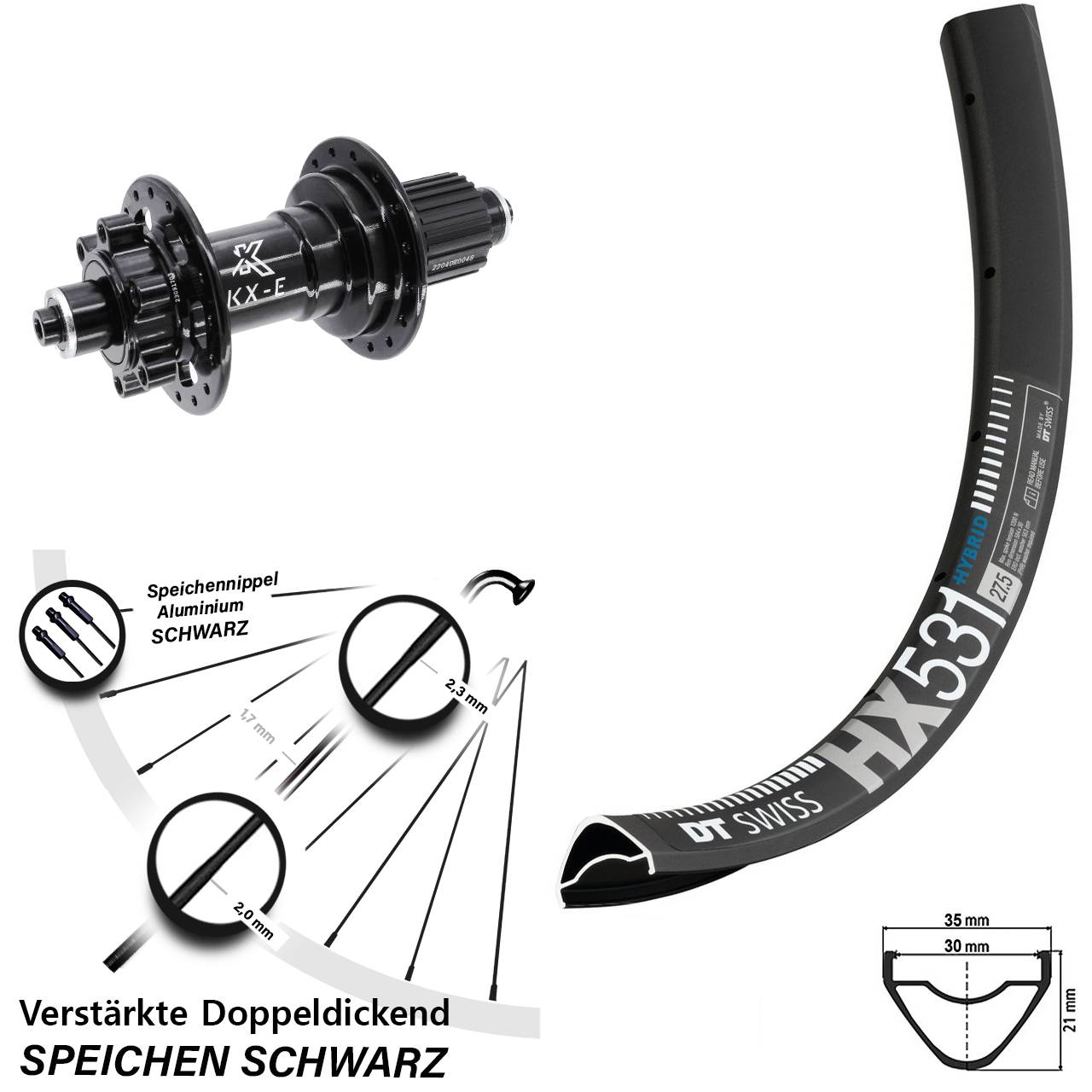 29 Zoll DT Swiss HX 531 KX-E Hinterrad 6-Loch QR Boost Shimano Micro Spline